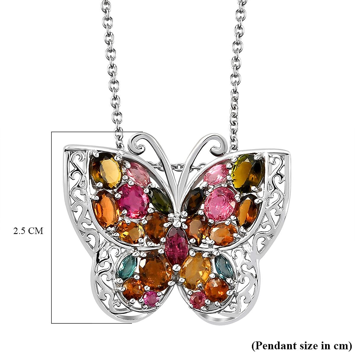 Multi-Tourmaline Butterfly Pendant with Chain (Size-18 ) in Platinum Overlay Sterling Silver 4.09 Ct, Silver Wt. 6.50 Gms