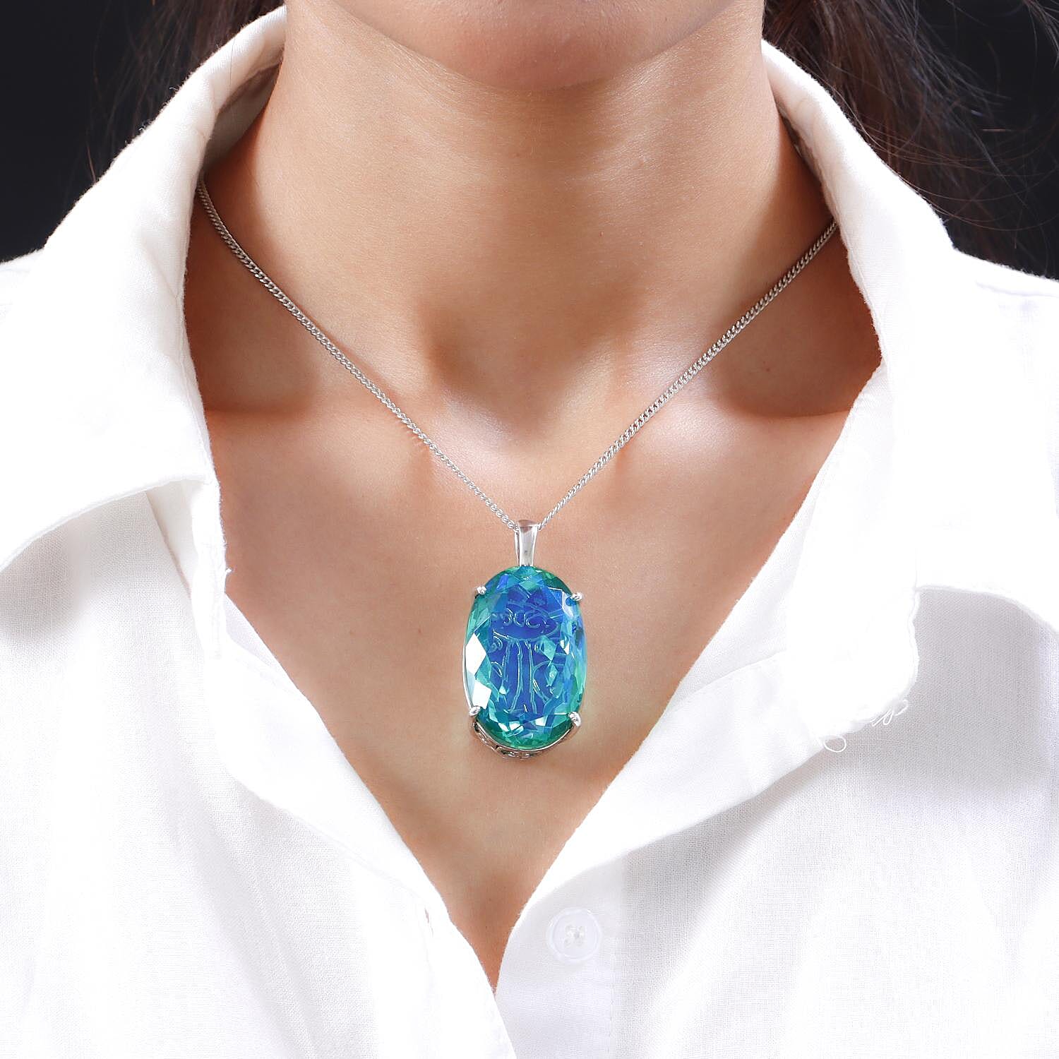 TJC Launch- Peacock Quartz Pendant with in Platinum Overlay Sterling Silver 100.00 Ct