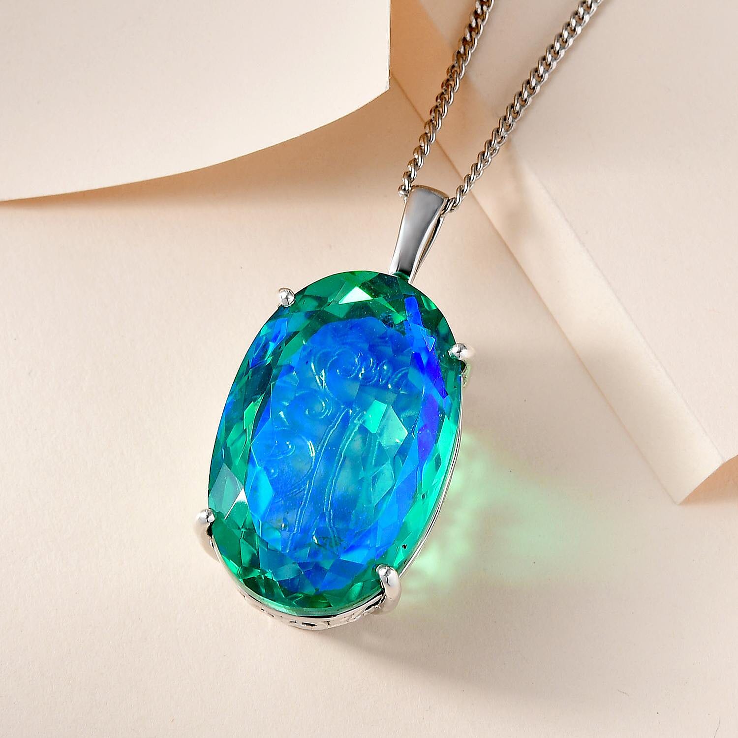 TJC Launch- Peacock Quartz Pendant with in Platinum Overlay Sterling Silver 100.00 Ct