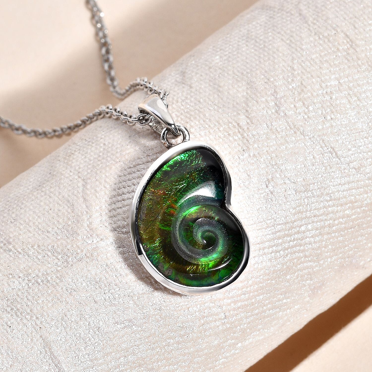 AA Ammolite Pendant with Chain (Size-18) in Platinum Overlay Sterling Silver 4.41 Ct.