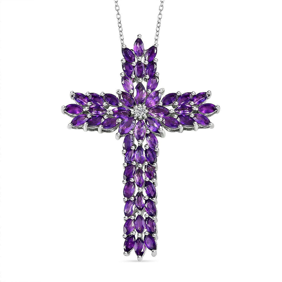 Doorbuster - Amethyst and Natural Cambodian Zircon Cross Pendant with Chain (Size 20) in Platinum Overlay Sterling Silver 8.236 Ct, Silver Wt. 9.64 Gms