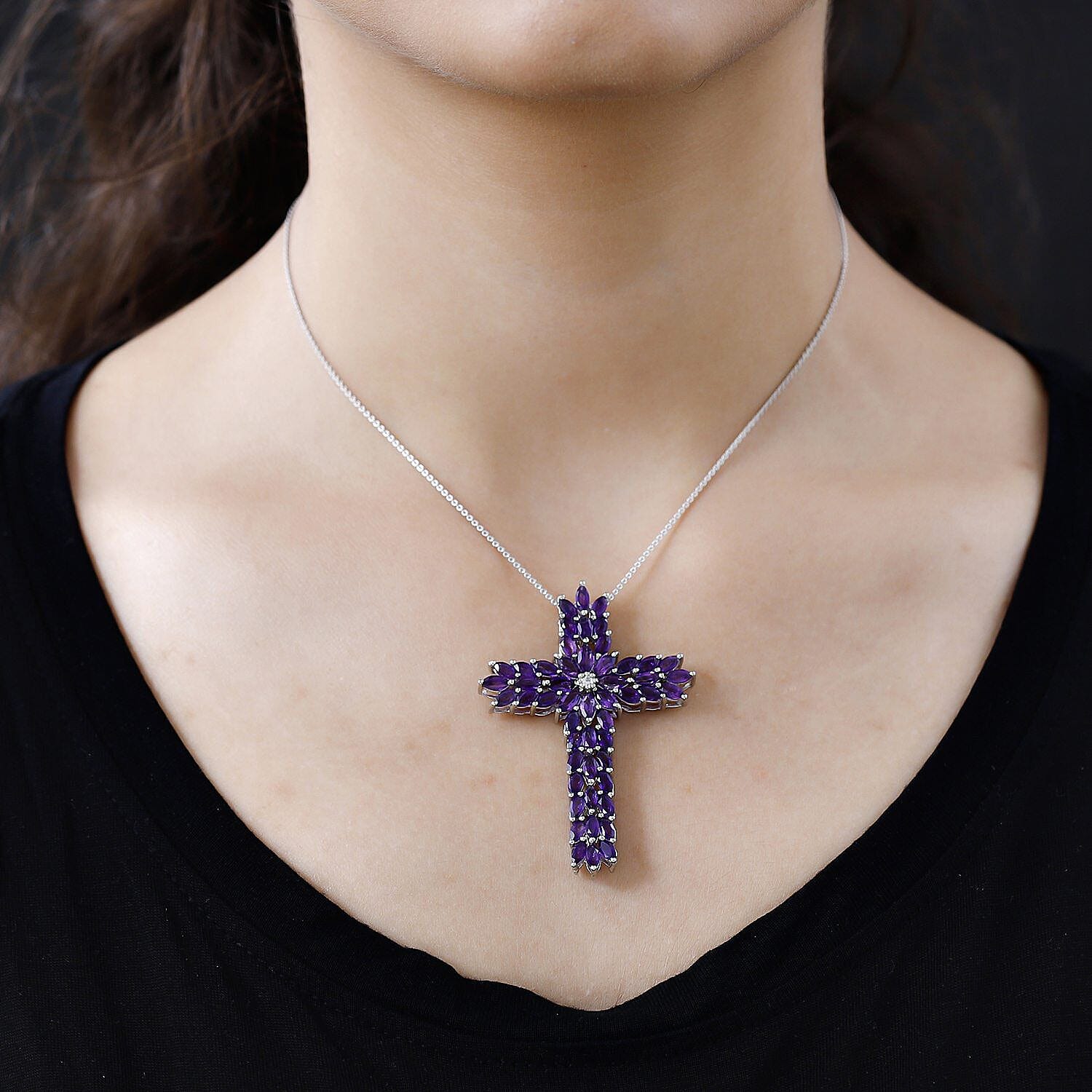 Doorbuster - Amethyst and Natural Cambodian Zircon Cross Pendant with Chain (Size 20) in Platinum Overlay Sterling Silver 8.236 Ct, Silver Wt. 9.64 Gms
