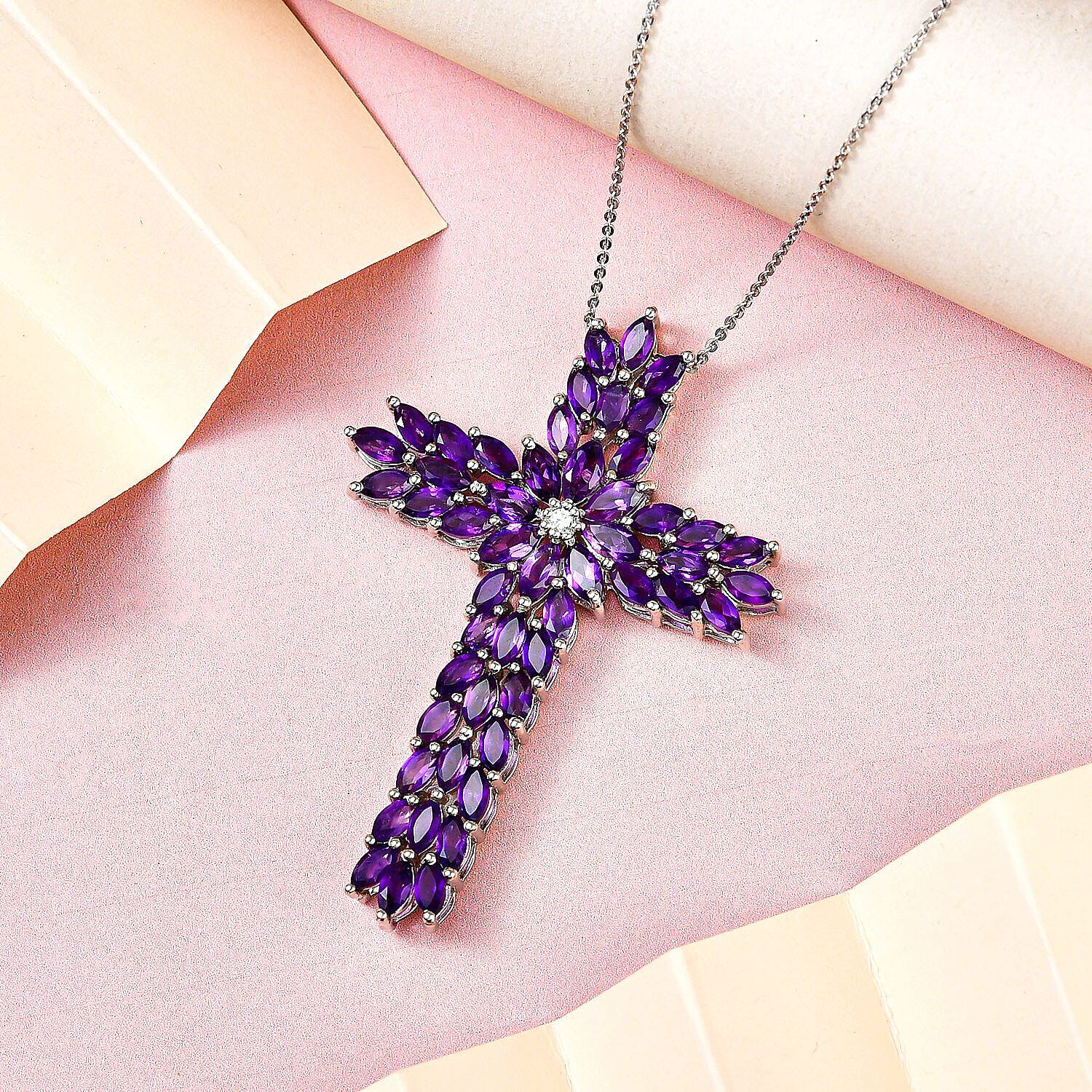 Doorbuster - Amethyst and Natural Cambodian Zircon Cross Pendant with Chain (Size 20) in Platinum Overlay Sterling Silver 8.236 Ct, Silver Wt. 9.64 Gms