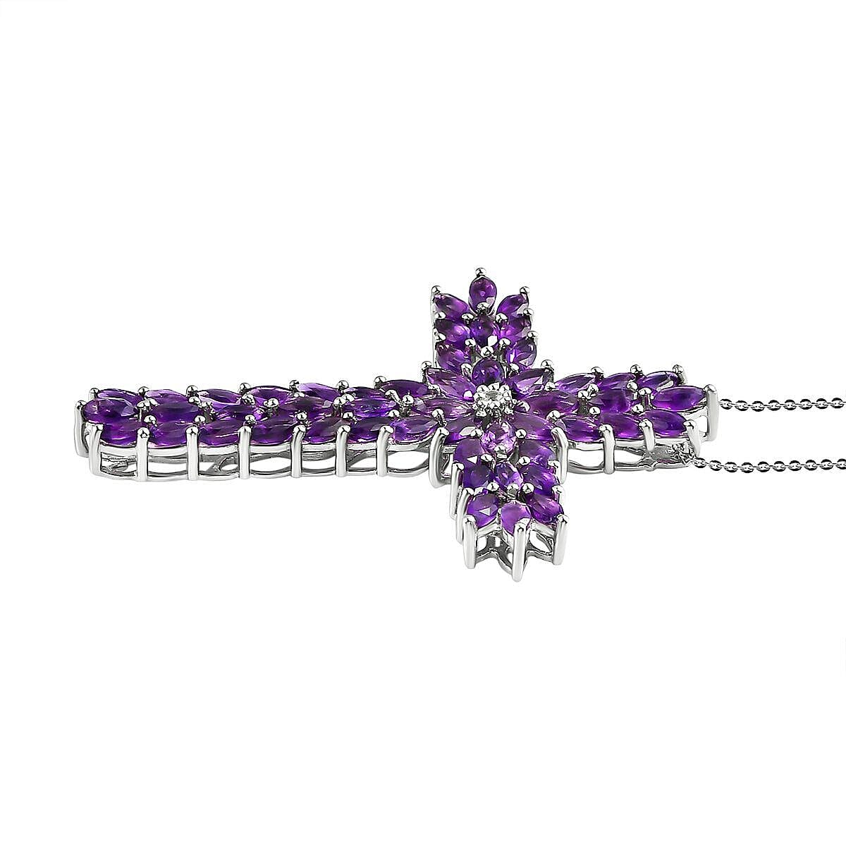 Doorbuster - Amethyst and Natural Cambodian Zircon Cross Pendant with Chain (Size 20) in Platinum Overlay Sterling Silver 8.236 Ct, Silver Wt. 9.64 Gms
