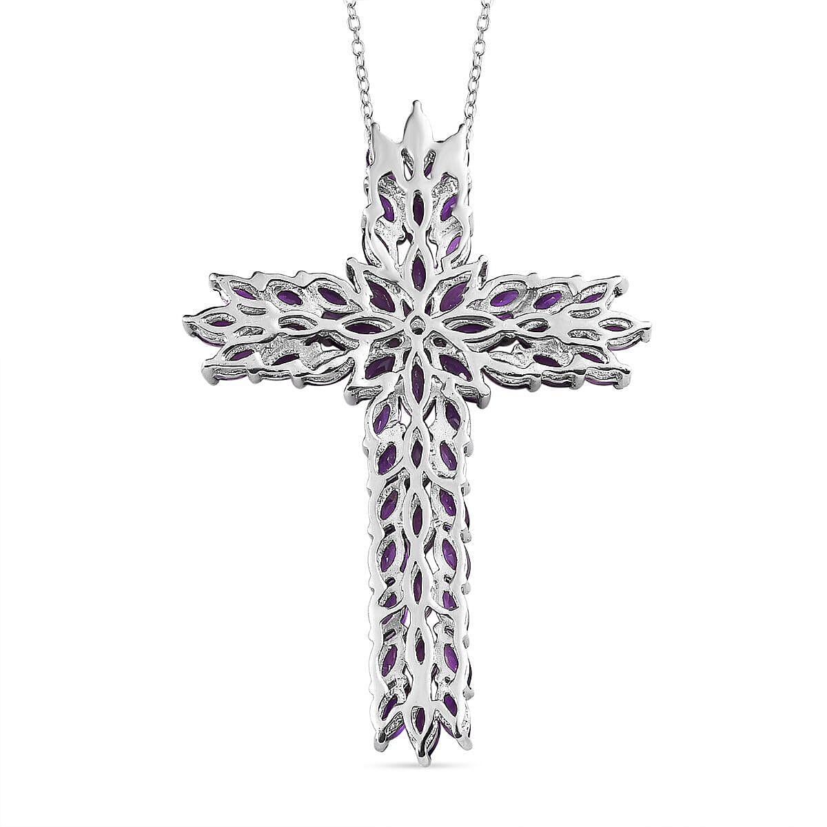 Doorbuster - Amethyst and Natural Cambodian Zircon Cross Pendant with Chain (Size 20) in Platinum Overlay Sterling Silver 8.236 Ct, Silver Wt. 9.64 Gms
