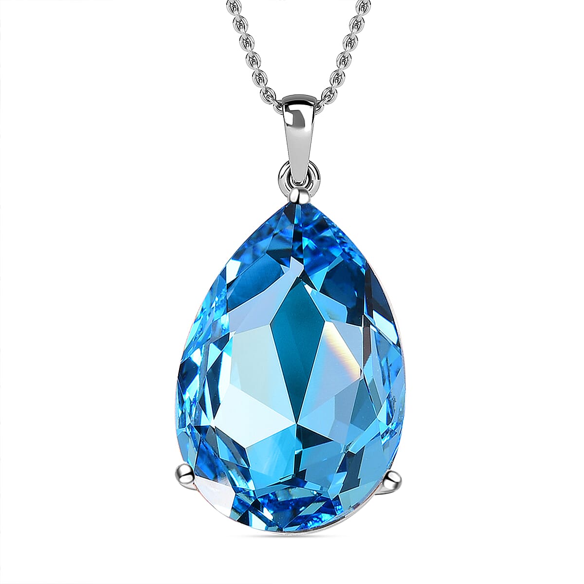 Aquamarine Crystal Pendant (Pear 30x20) in Sterling Silver with Stainless Steel Chain (Size - 20)