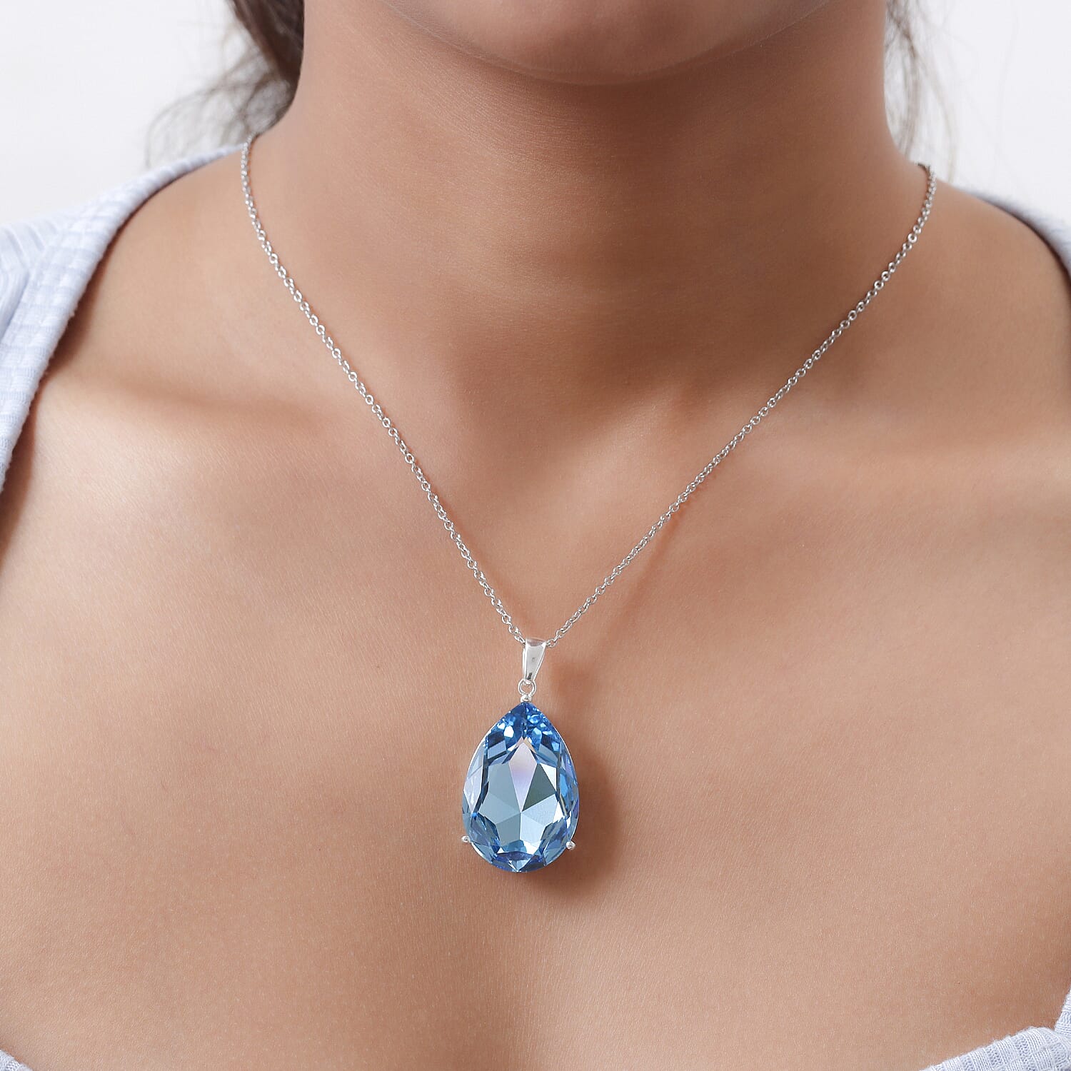 Aquamarine Crystal Pendant (Pear 30x20) in Sterling Silver with Stainless Steel Chain (Size - 20)