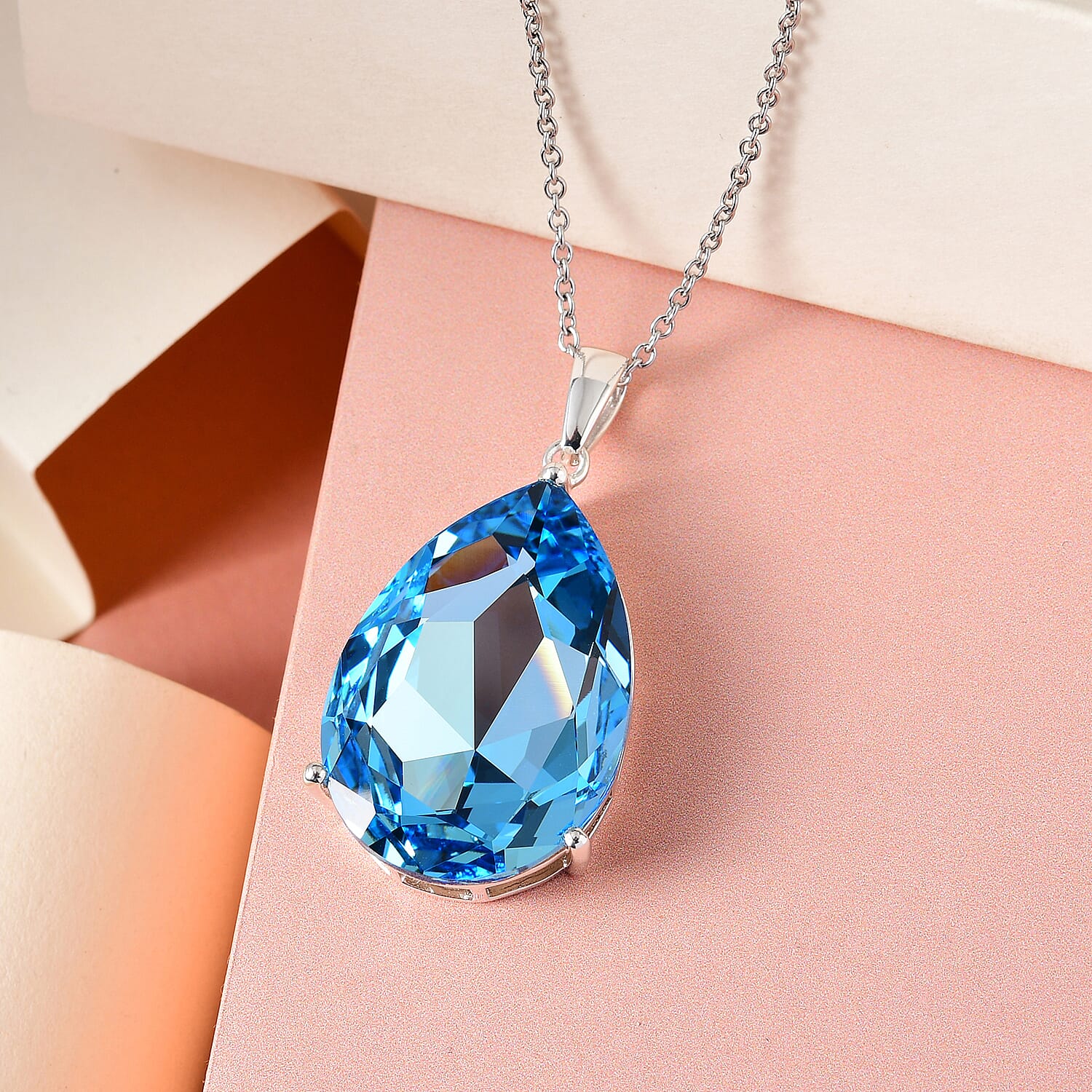 Aquamarine Crystal Pendant (Pear 30x20) in Sterling Silver with Stainless Steel Chain (Size - 20)