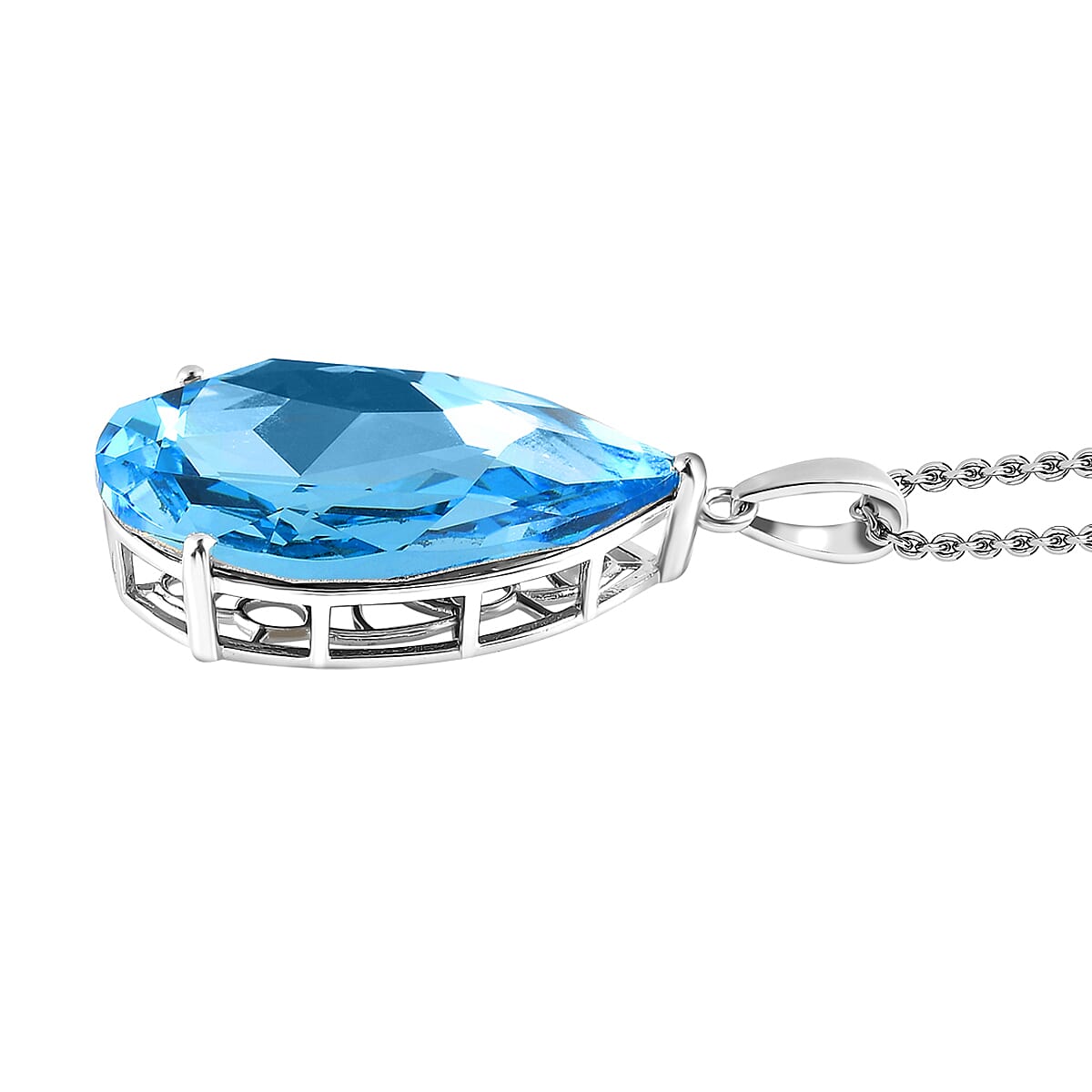 Aquamarine Crystal Pendant (Pear 30x20) in Sterling Silver with Stainless Steel Chain (Size - 20)
