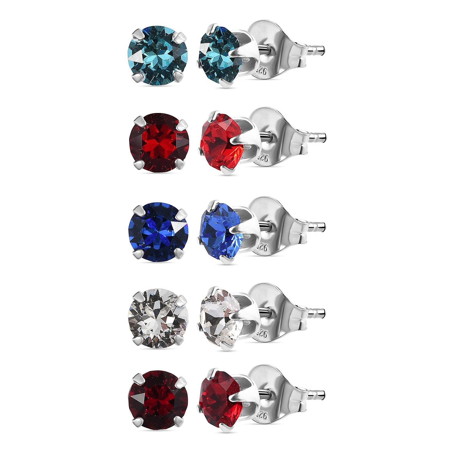Set of 5 - White Austrian Crystal, Sapphire, Light Siam, Siam Colour, Light Turquoise Austrian Crystal Earrings With Push Back in Sterling Silver