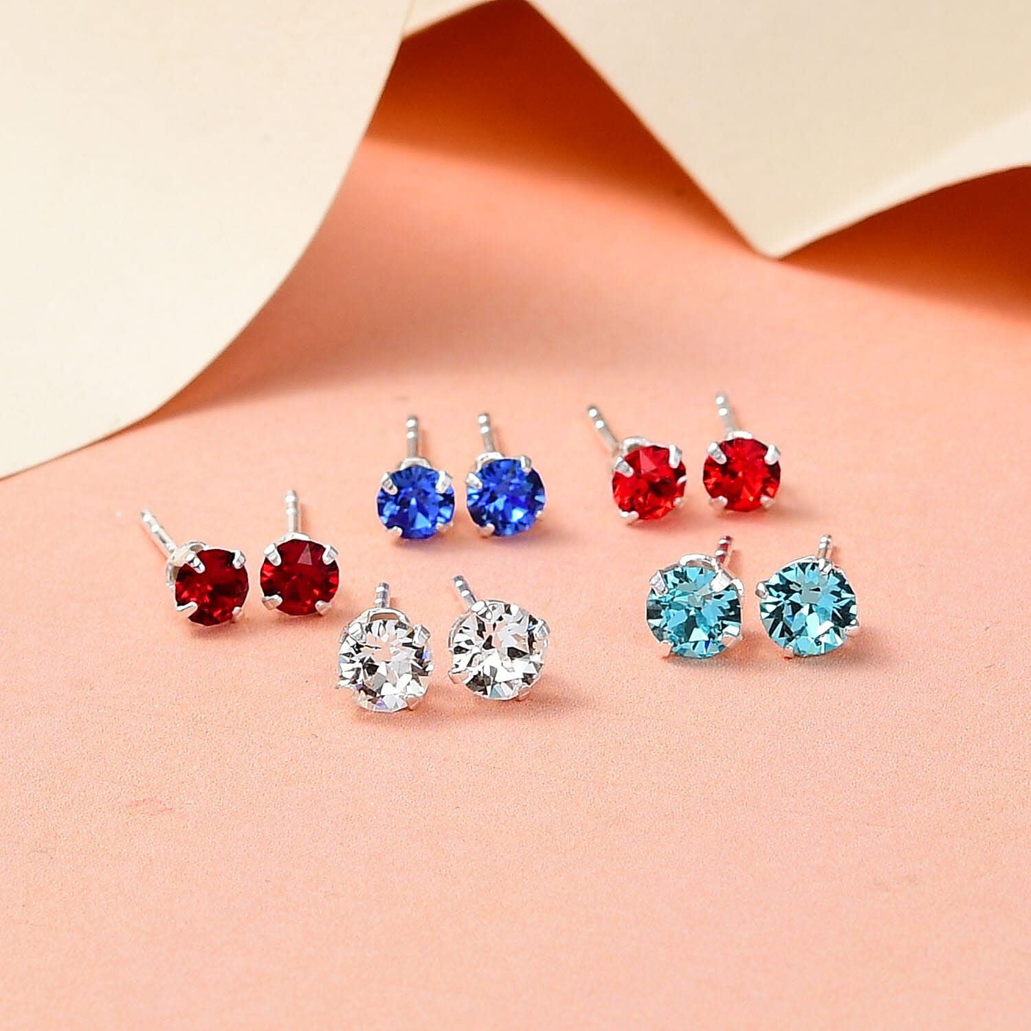 Set of 5 - White Austrian Crystal, Sapphire, Light Siam, Siam Colour, Light Turquoise Austrian Crystal Earrings With Push Back in Sterling Silver