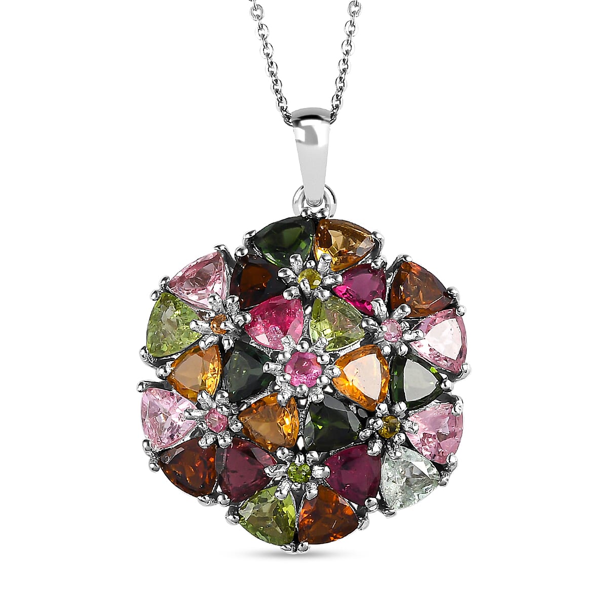Multi-Tourmaline Cluster Pendant with Chain (Size - 20) in Platinum Overlay Sterling Silver 5.39 Ct, Silver Wt 5.31 Gms.