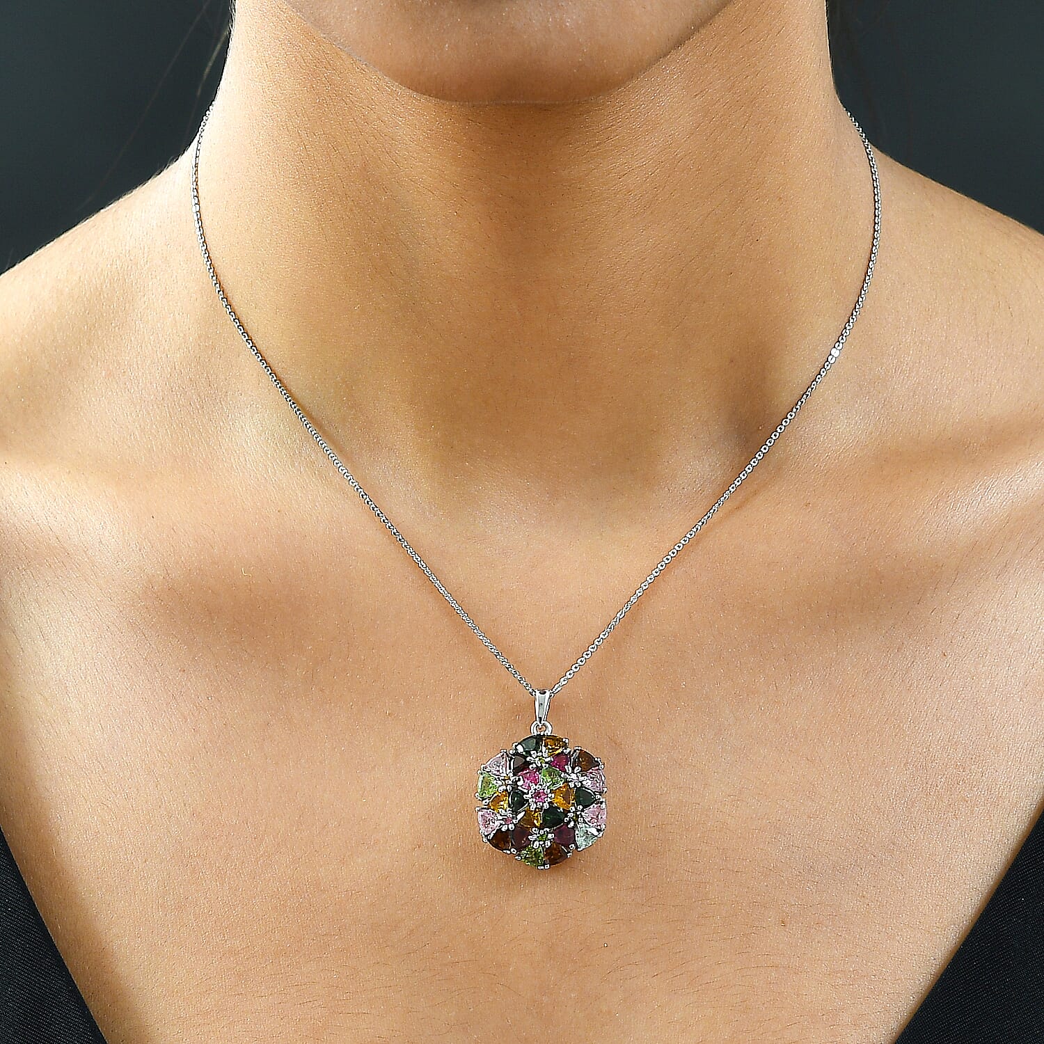 Multi-Tourmaline Cluster Pendant with Chain (Size - 20) in Platinum Overlay Sterling Silver 5.39 Ct, Silver Wt 5.31 Gms.