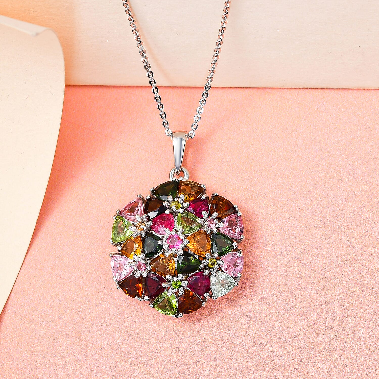 Multi-Tourmaline Cluster Pendant with Chain (Size - 20) in Platinum Overlay Sterling Silver 5.39 Ct, Silver Wt 5.31 Gms.