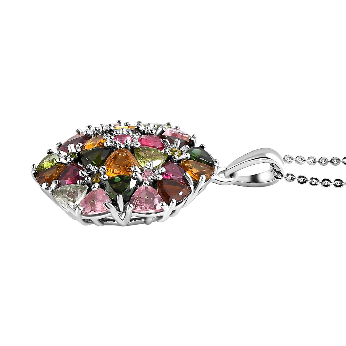 Multi-Tourmaline Cluster Pendant with Chain (Size - 20) in Platinum Overlay Sterling Silver 5.39 Ct, Silver Wt 5.31 Gms.
