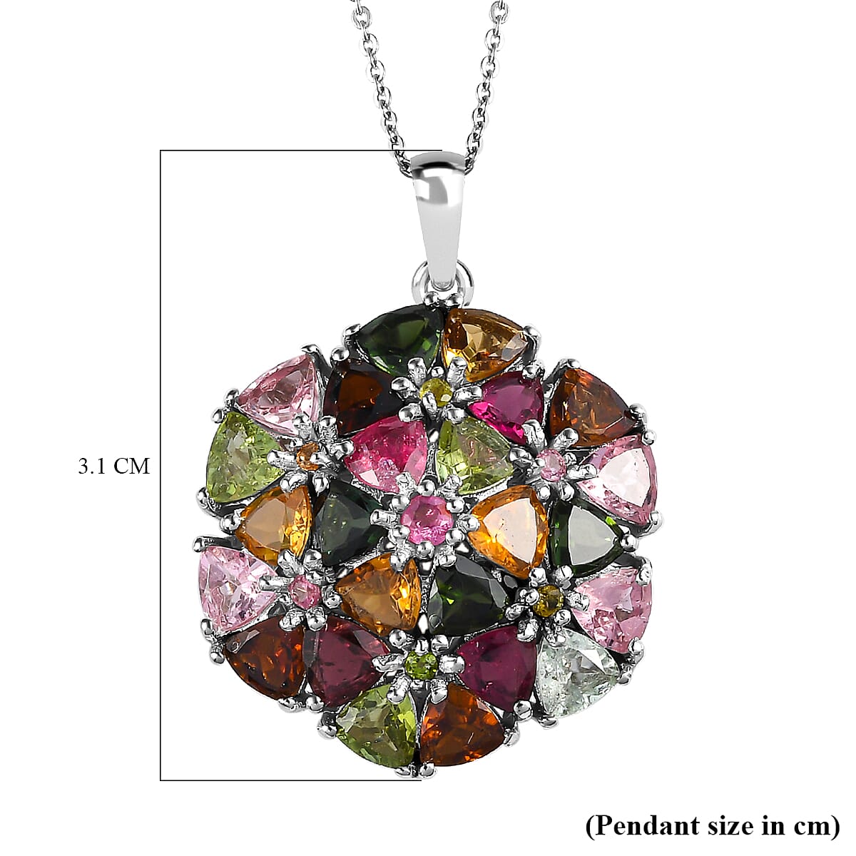 Multi-Tourmaline Cluster Pendant with Chain (Size - 20) in Platinum Overlay Sterling Silver 5.39 Ct, Silver Wt 5.31 Gms.