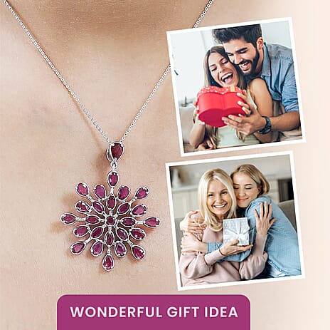 D'Joy African Ruby Floral Pendant with Chain (Size 20) in Platinum Overlay Sterling Silver 7.27 Ct