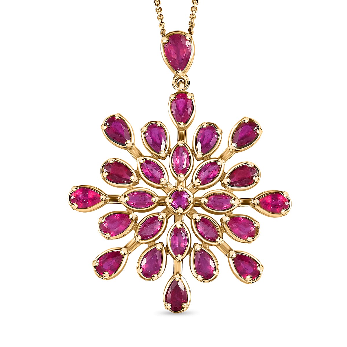 African Ruby Floral Pendant with Chain (Size - 20) in 18k Vermeil Yellow Gold Plated Sterling Silver 7.67 Ct, Silver Wt. 6.30 Gms.