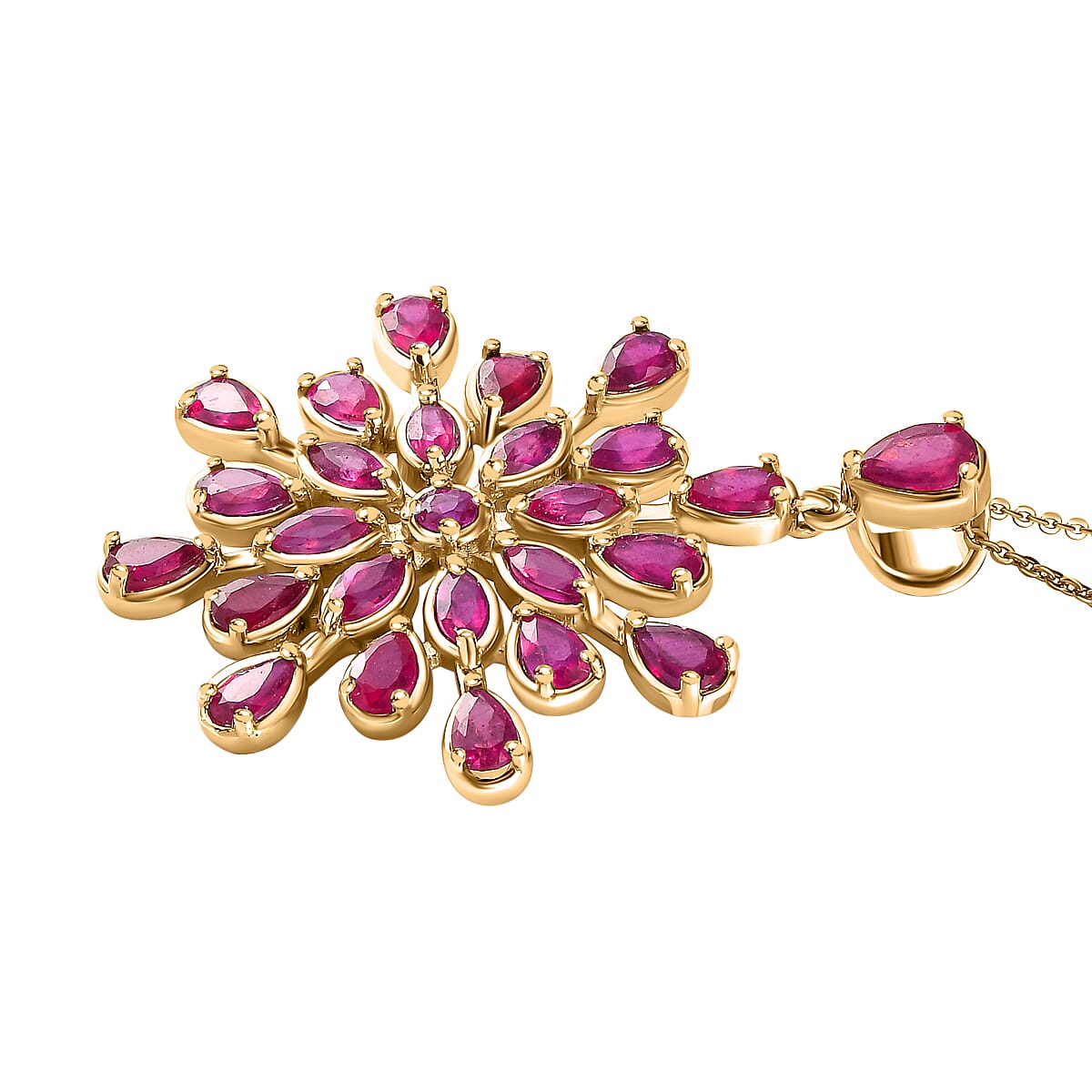 African Ruby Floral Pendant with Chain (Size - 20) in 18k Vermeil Yellow Gold Plated Sterling Silver 7.67 Ct, Silver Wt. 6.30 Gms.