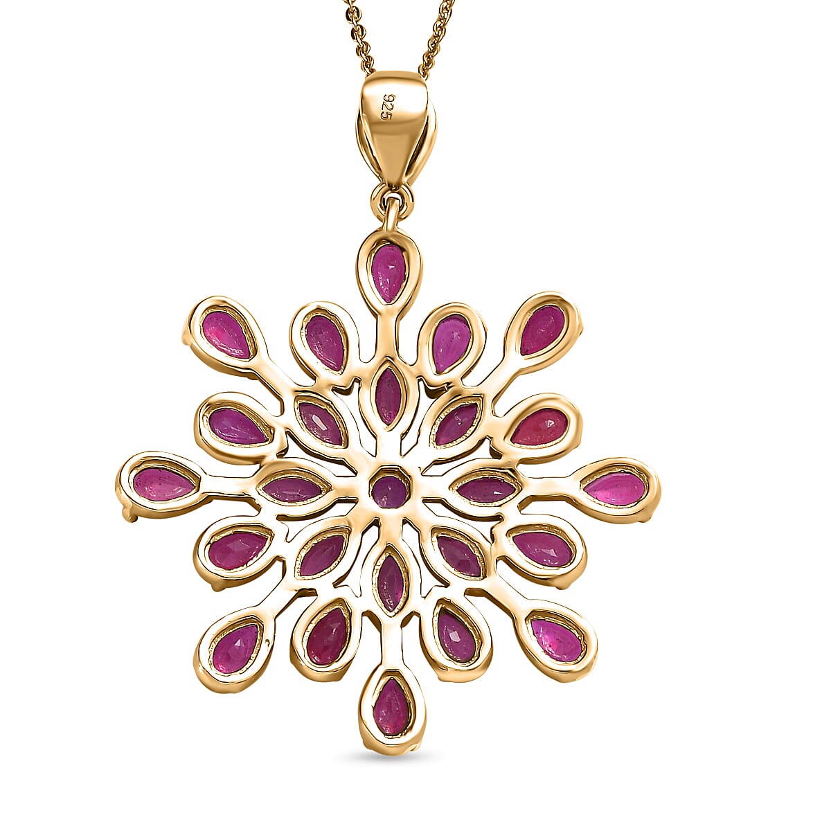 African Ruby Floral Pendant with Chain (Size - 20) in 18k Vermeil Yellow Gold Plated Sterling Silver 7.67 Ct, Silver Wt. 6.30 Gms.