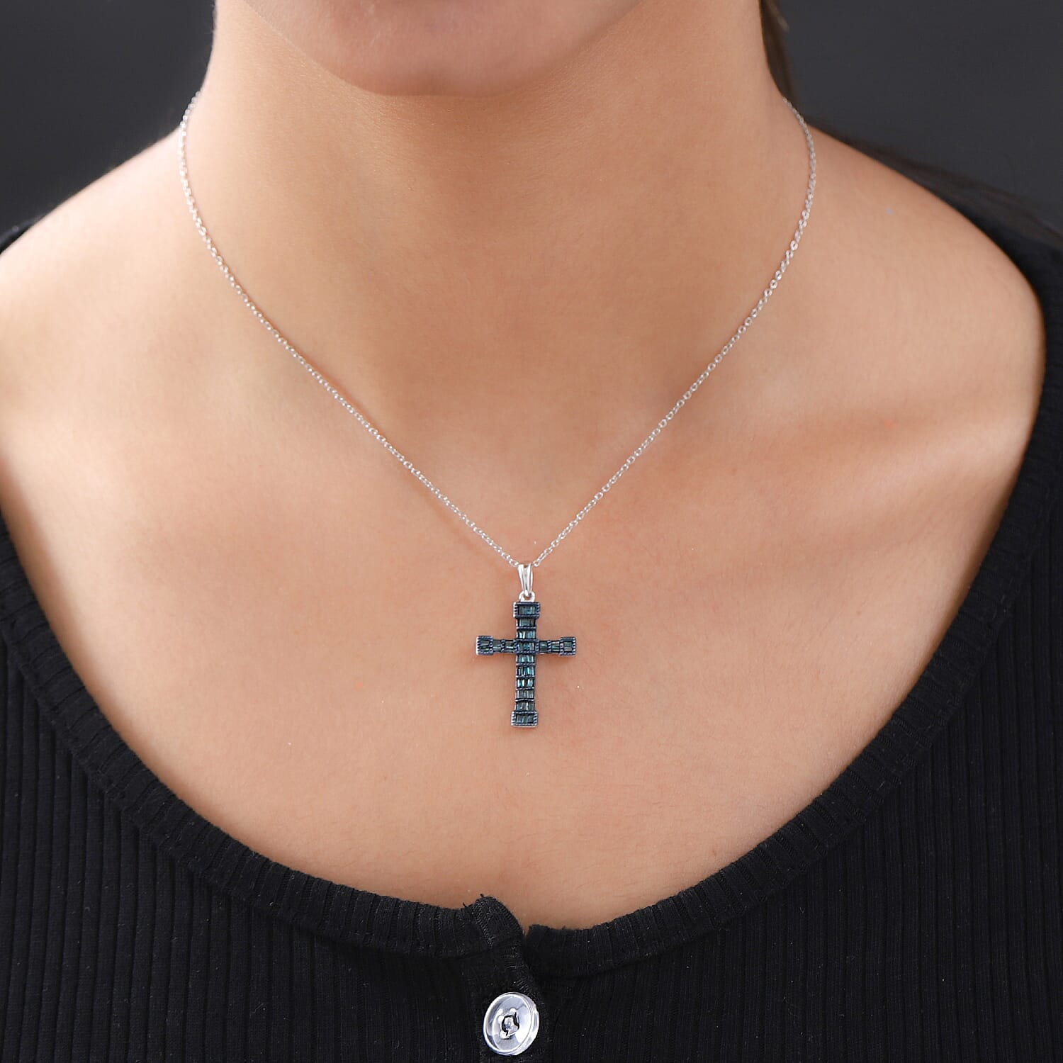 Blue Diamond Cross Pendant with Chain (Size 18) in Platinum Overlay Sterling Silver 0.50 Ct.
