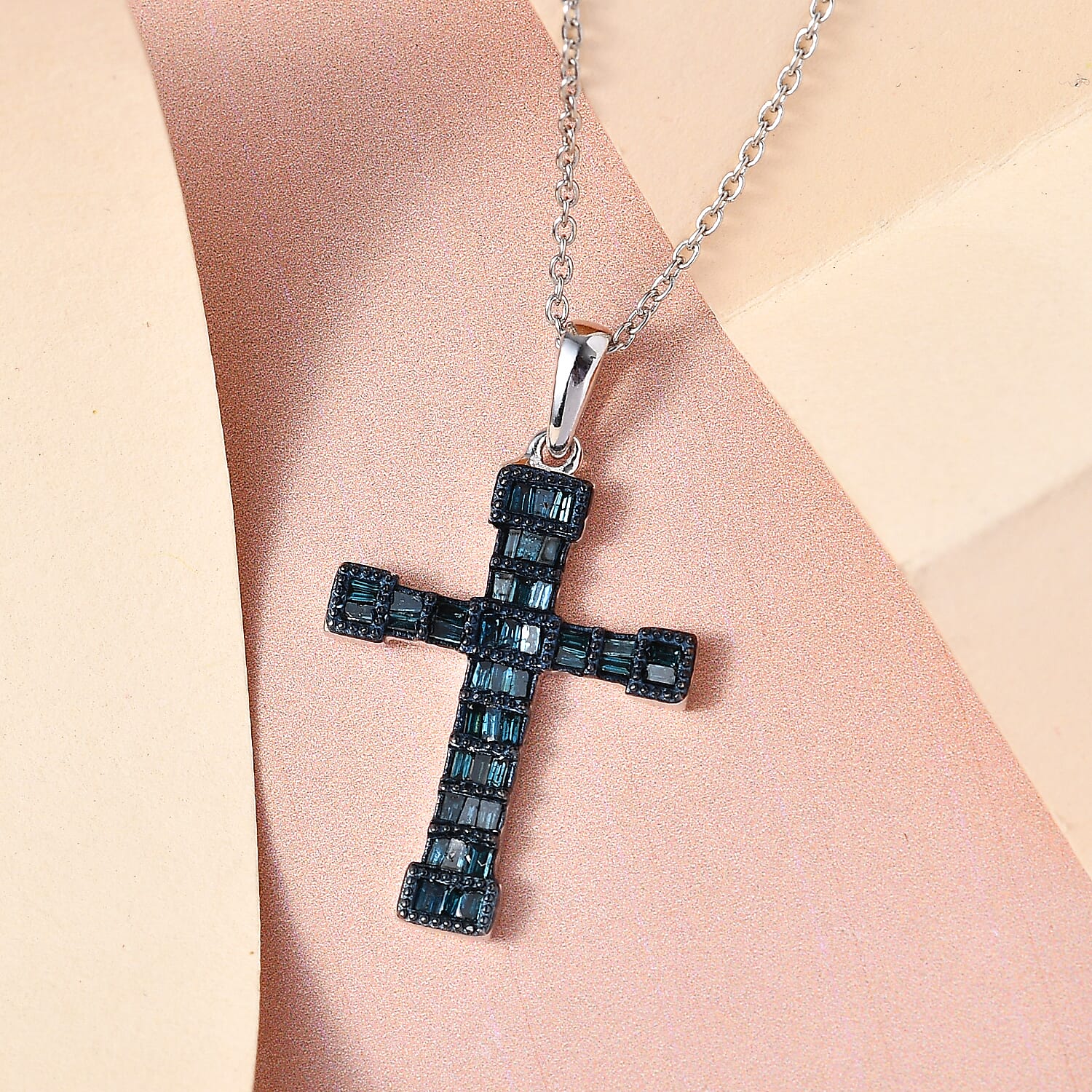 Blue Diamond Cross Pendant with Chain (Size 18) in Platinum Overlay Sterling Silver 0.50 Ct.