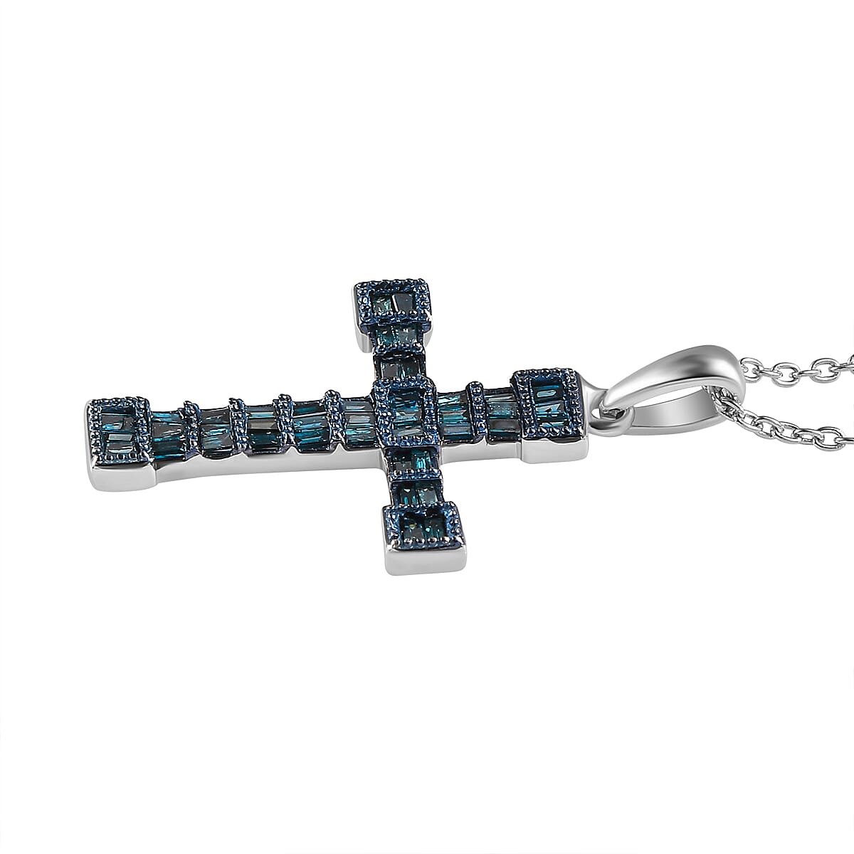 Blue Diamond Cross Pendant with Chain (Size 18) in Platinum Overlay Sterling Silver 0.50 Ct.