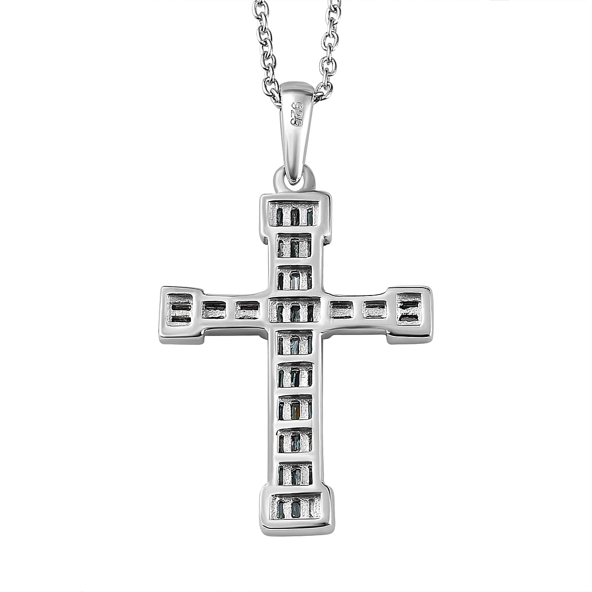 Blue Diamond Cross Pendant with Chain (Size 18) in Platinum Overlay Sterling Silver 0.50 Ct.
