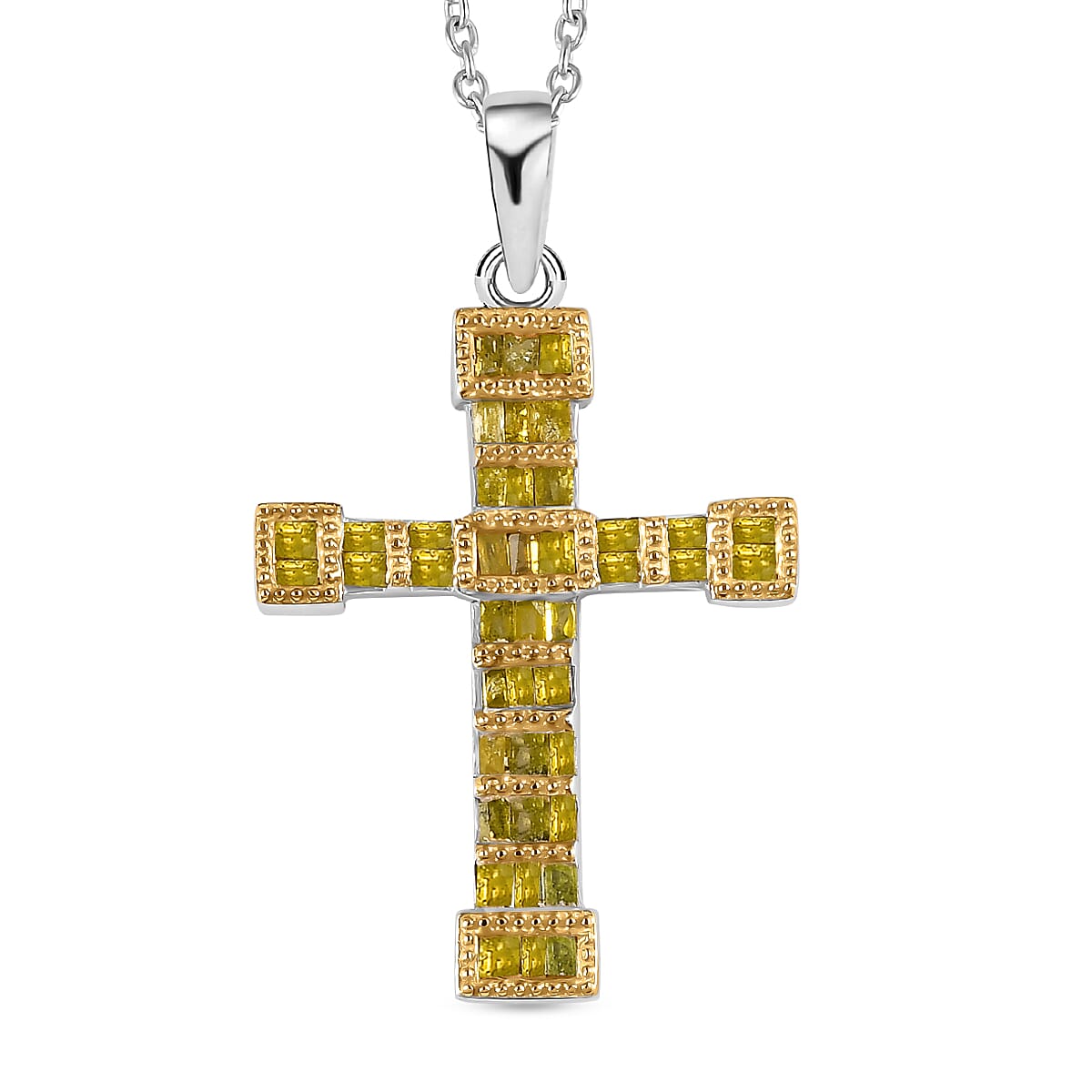 Yellow Diamond Cross Pendant with Chain (Size 18) in Platinum Overlay Sterling Silver 0.50 Ct.