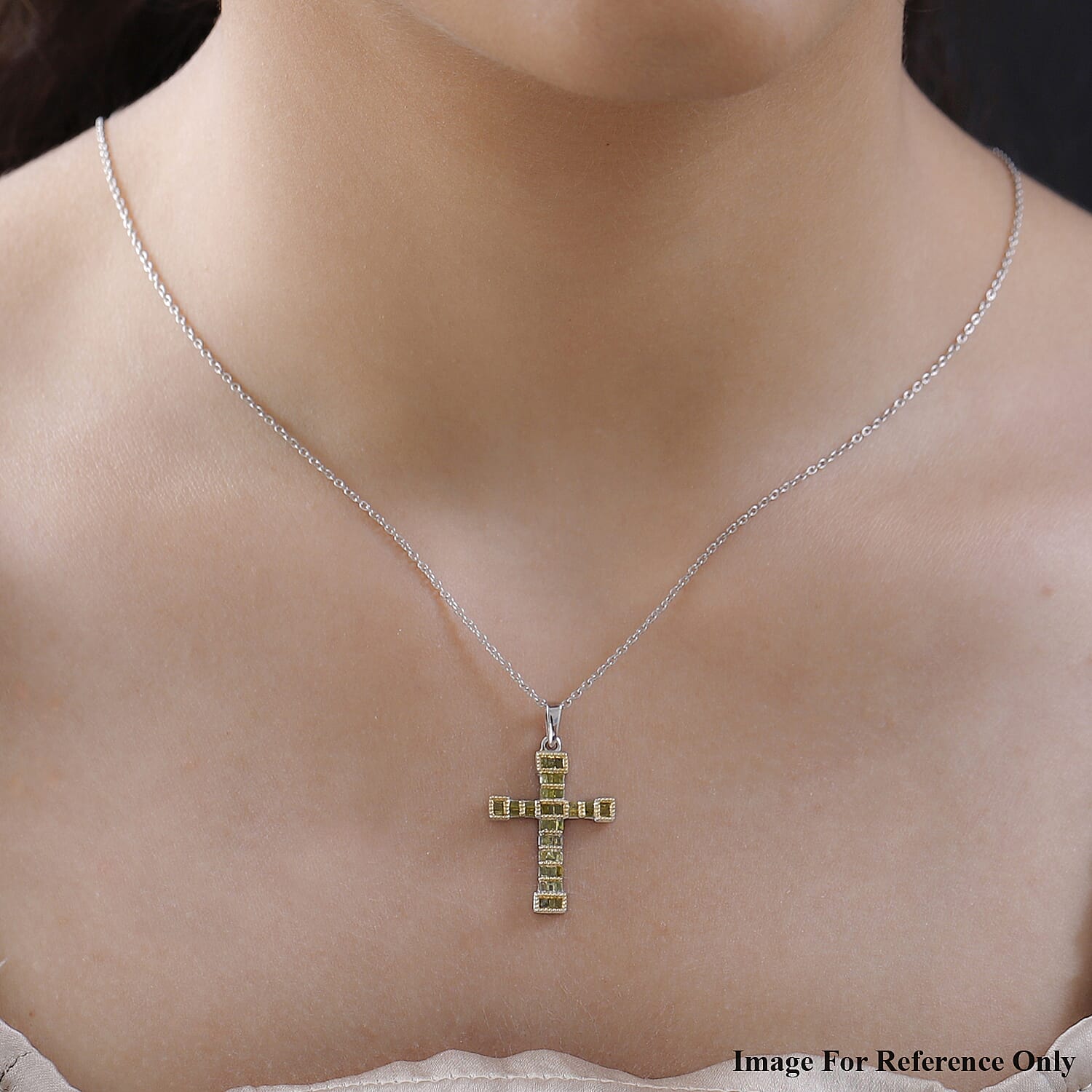 Yellow Diamond Cross Pendant with Chain (Size 18) in Platinum Overlay Sterling Silver 0.50 Ct.