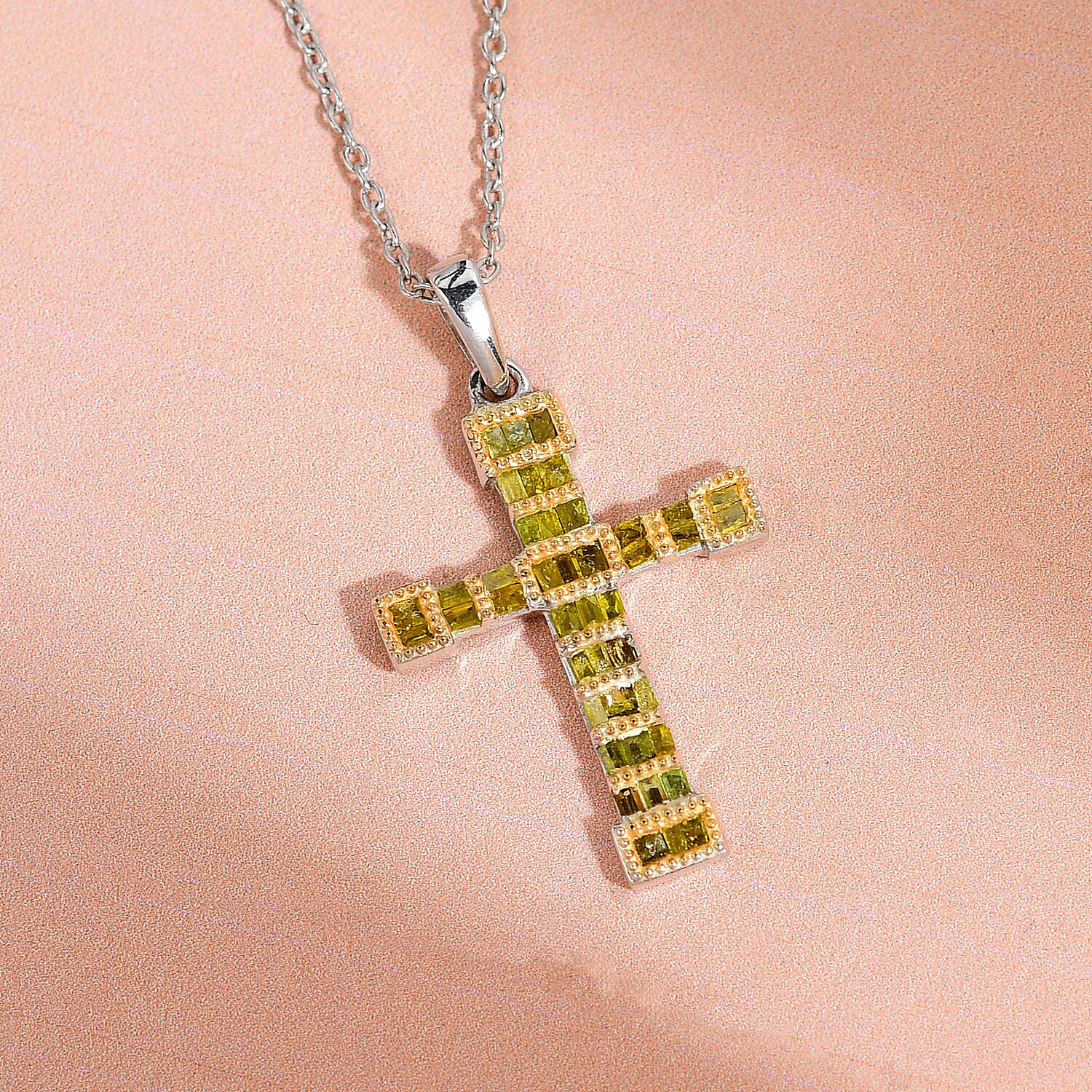 Yellow Diamond Cross Pendant with Chain (Size 18) in Platinum Overlay Sterling Silver 0.50 Ct.