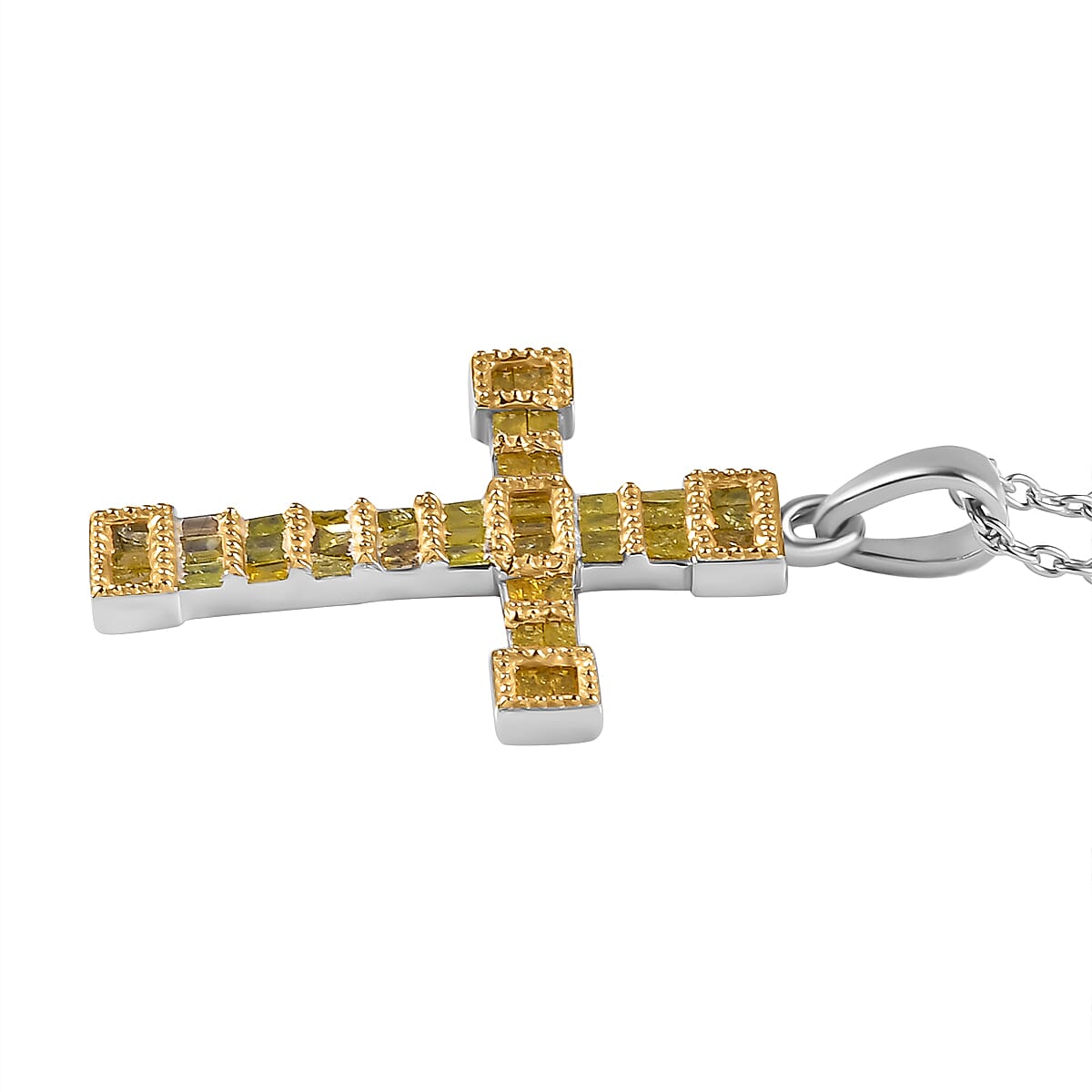 Yellow Diamond Cross Pendant with Chain (Size 18) in Platinum Overlay Sterling Silver 0.50 Ct.