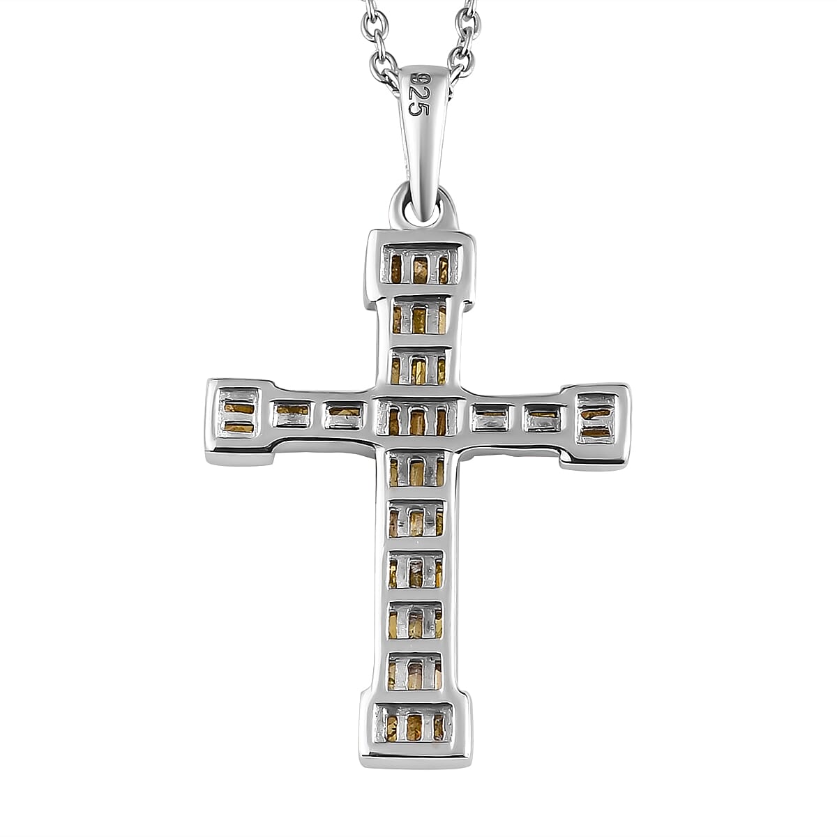 Yellow Diamond Cross Pendant with Chain (Size 18) in Platinum Overlay Sterling Silver 0.50 Ct.