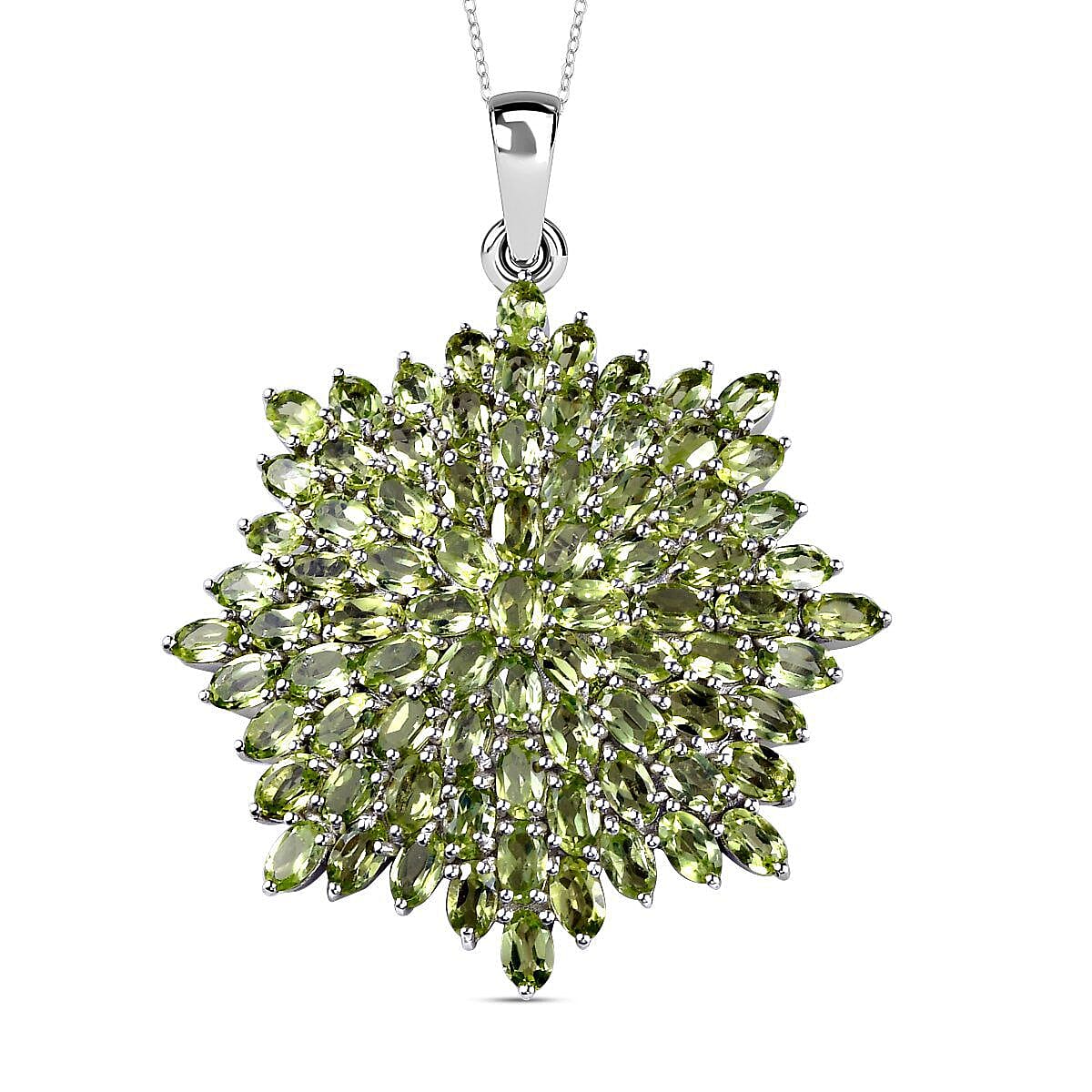 Hebei Peridot Cluster Pendant with Chain (Size - 20 ) in Platinum Overlay Sterling Silver 21.25 Ct, Silver Wt 14.00 Gms