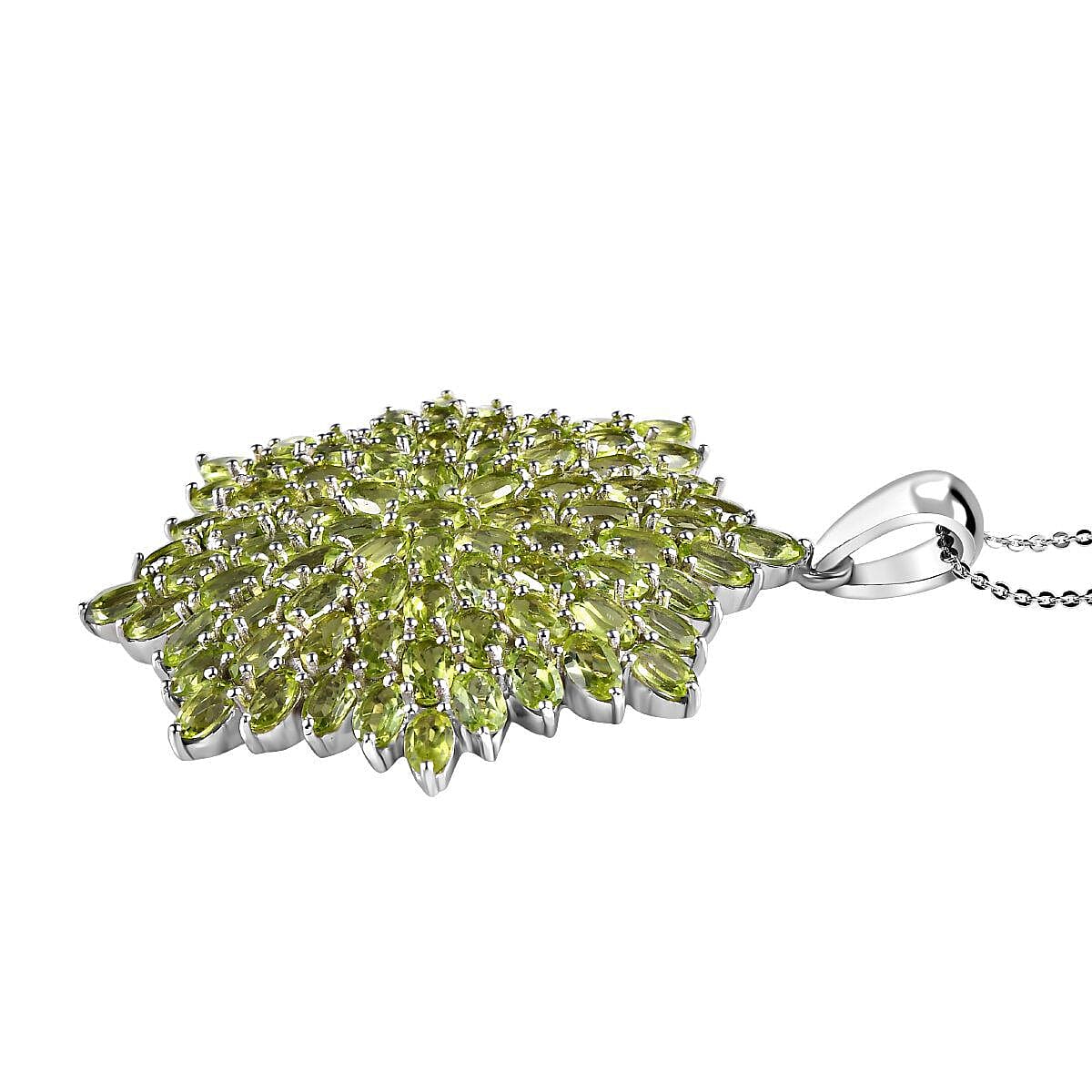 Hebei Peridot Cluster Pendant with Chain (Size - 20 ) in Platinum Overlay Sterling Silver 21.25 Ct, Silver Wt 14.00 Gms