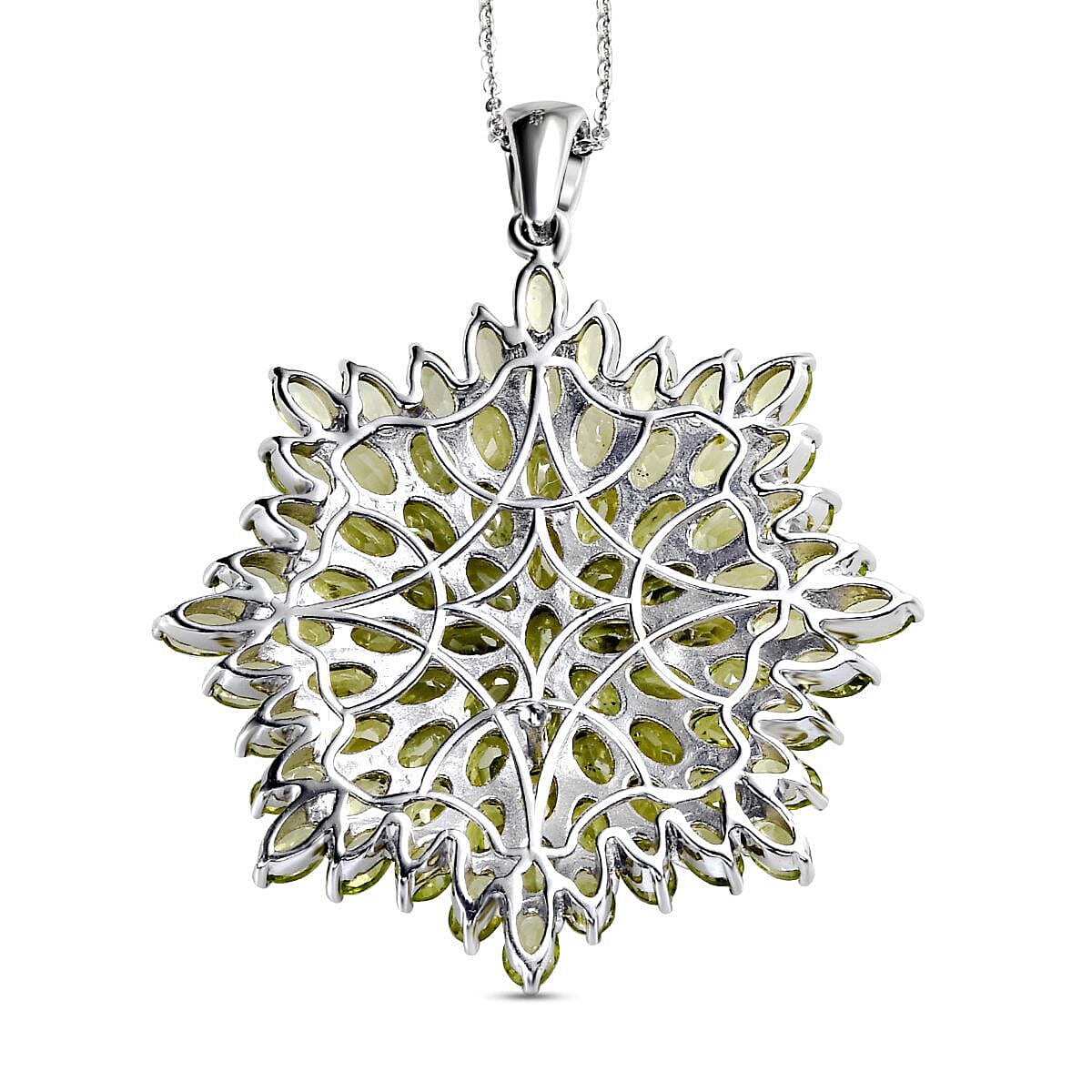 Hebei Peridot Cluster Pendant with Chain (Size - 20 ) in Platinum Overlay Sterling Silver 21.25 Ct, Silver Wt 14.00 Gms