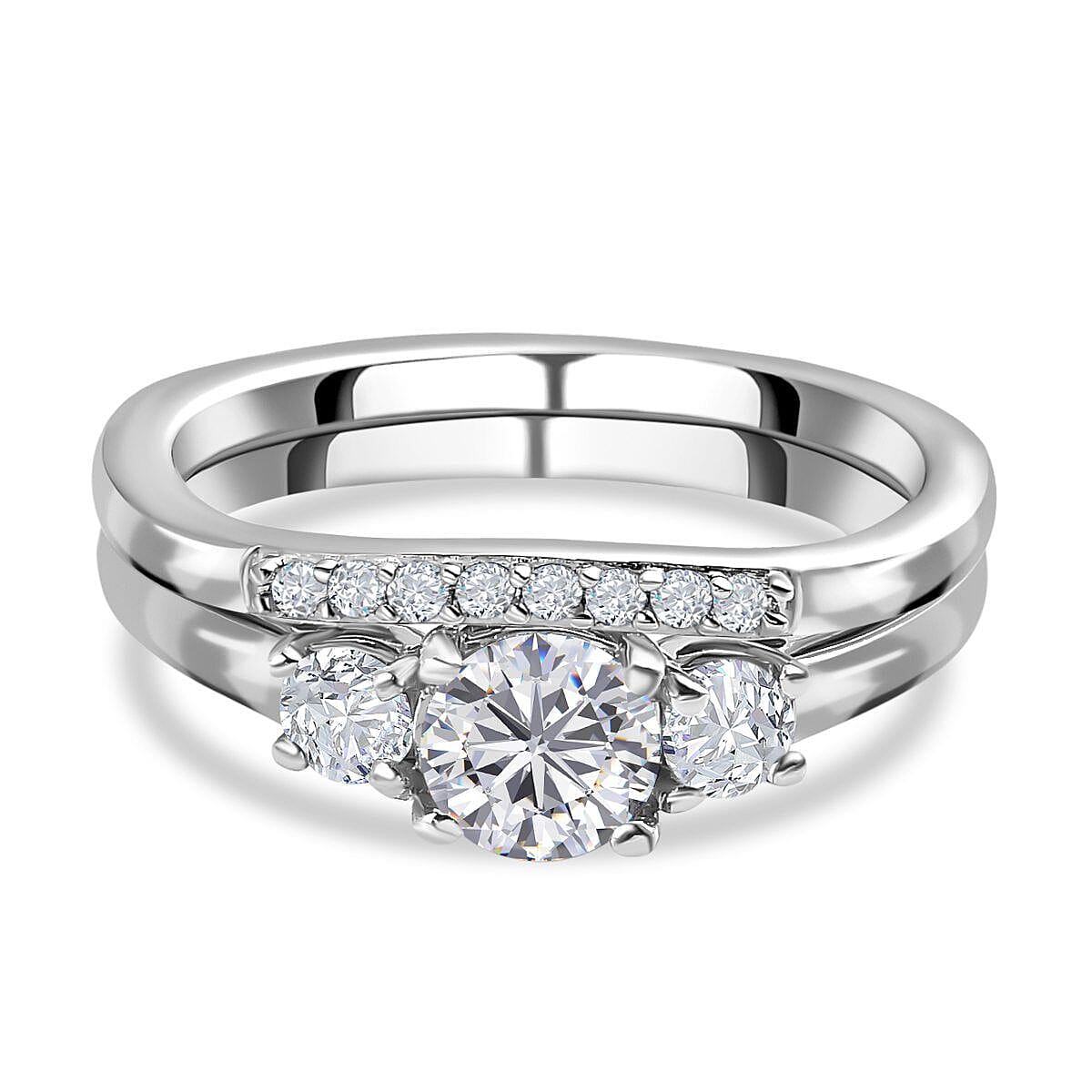 2 Piece Set -  Moissanite Main Stone With Side Stone Ring and Stackable Ring in Platinum Overlay Sterling Silver  0.760  Ct.
