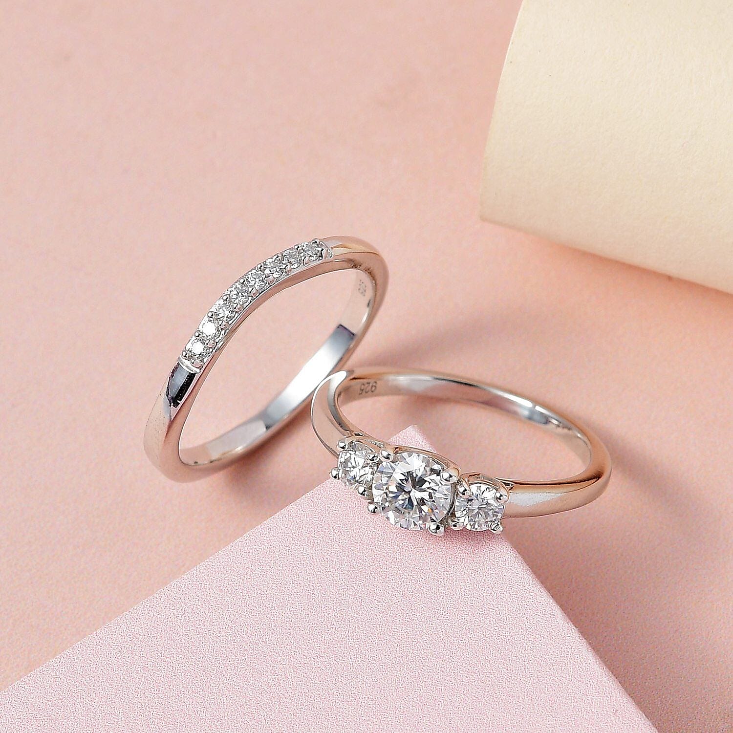 2 Piece Set -  Moissanite Main Stone With Side Stone Ring and Stackable Ring in Platinum Overlay Sterling Silver  0.760  Ct.