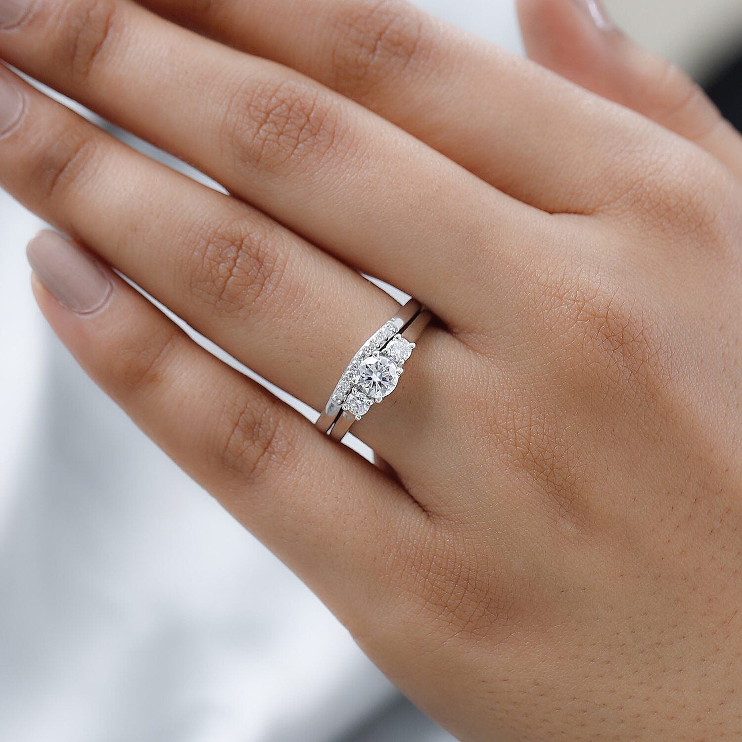 2 Piece Set -  Moissanite Main Stone With Side Stone Ring and Stackable Ring in Platinum Overlay Sterling Silver  0.760  Ct.