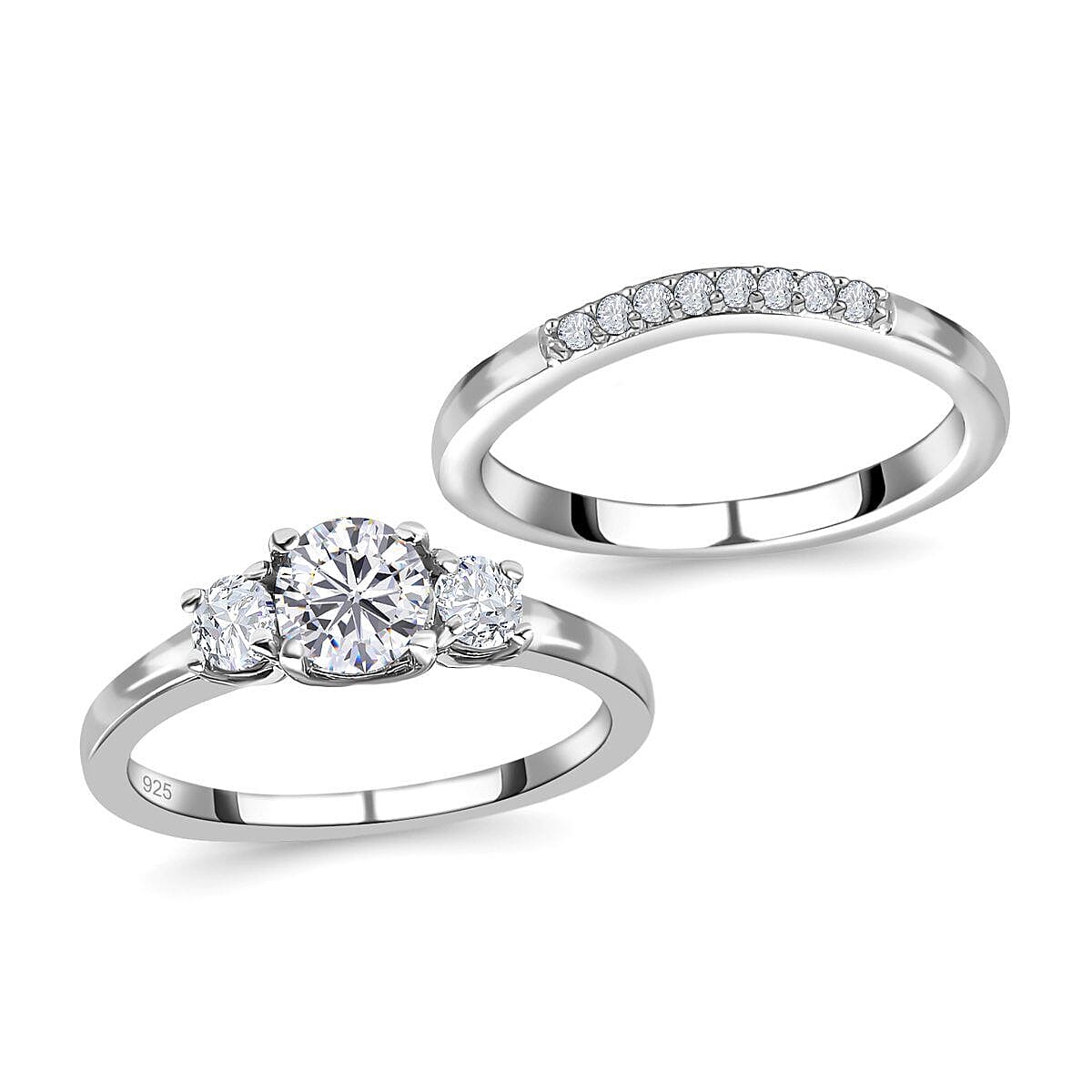 2 Piece Set -  Moissanite Main Stone With Side Stone Ring and Stackable Ring in Platinum Overlay Sterling Silver  0.760  Ct.