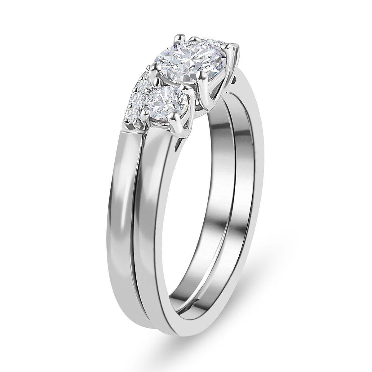 2 Piece Set -  Moissanite Main Stone With Side Stone Ring and Stackable Ring in Platinum Overlay Sterling Silver  0.760  Ct.