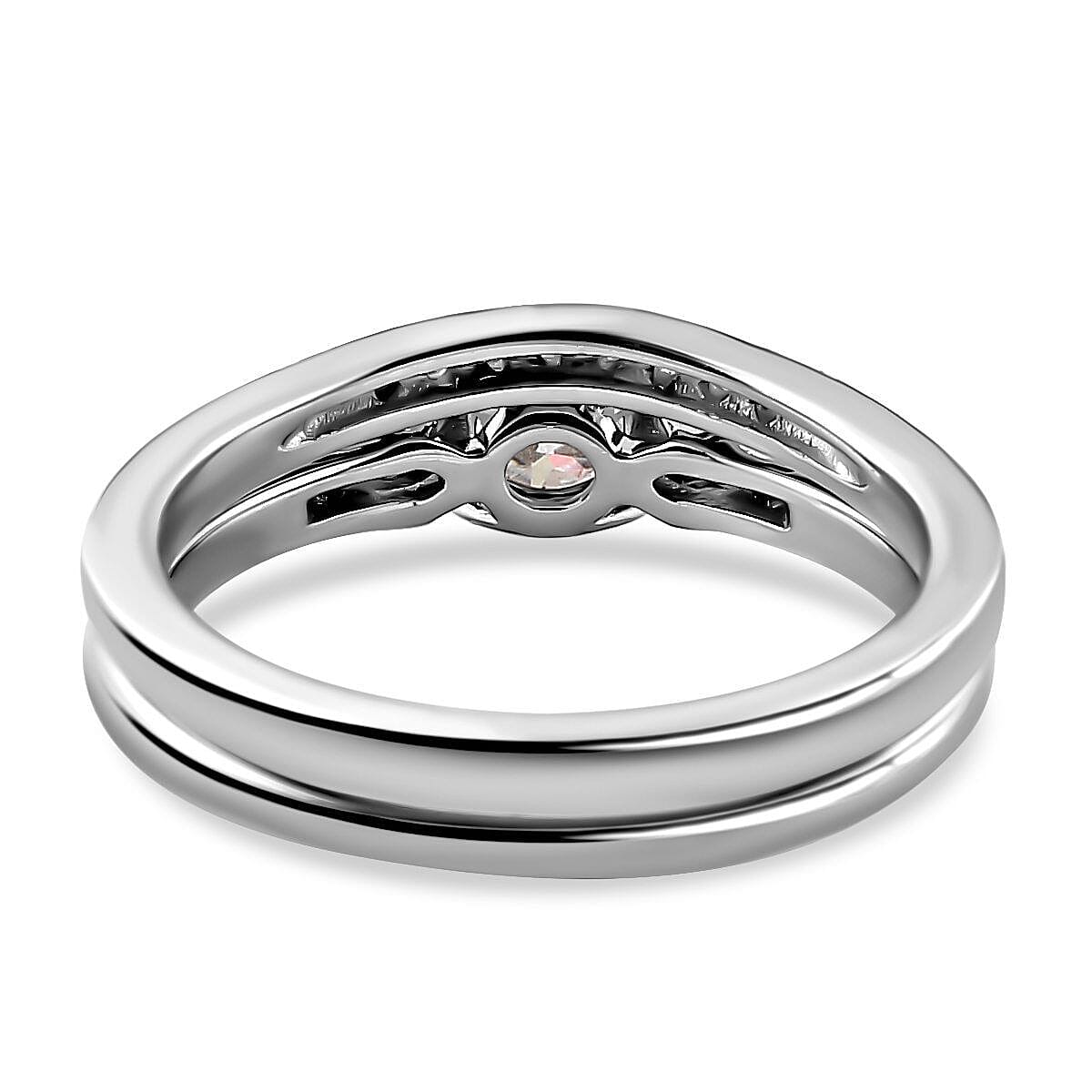 2 Piece Set -  Moissanite Main Stone With Side Stone Ring and Stackable Ring in Platinum Overlay Sterling Silver  0.760  Ct.