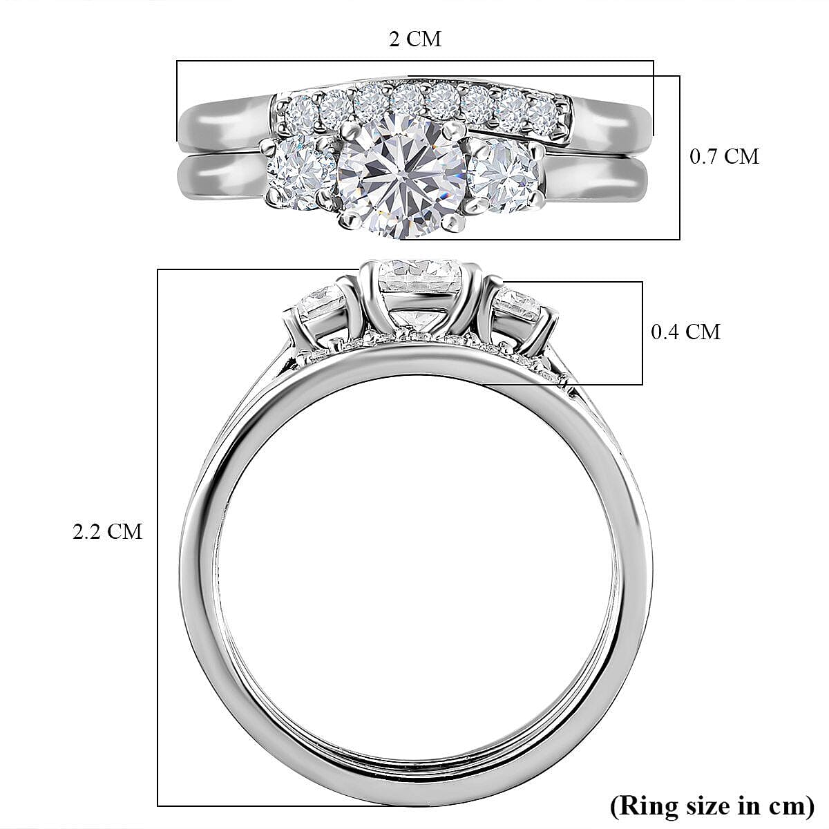 2 Piece Set -  Moissanite Main Stone With Side Stone Ring and Stackable Ring in Platinum Overlay Sterling Silver  0.760  Ct.