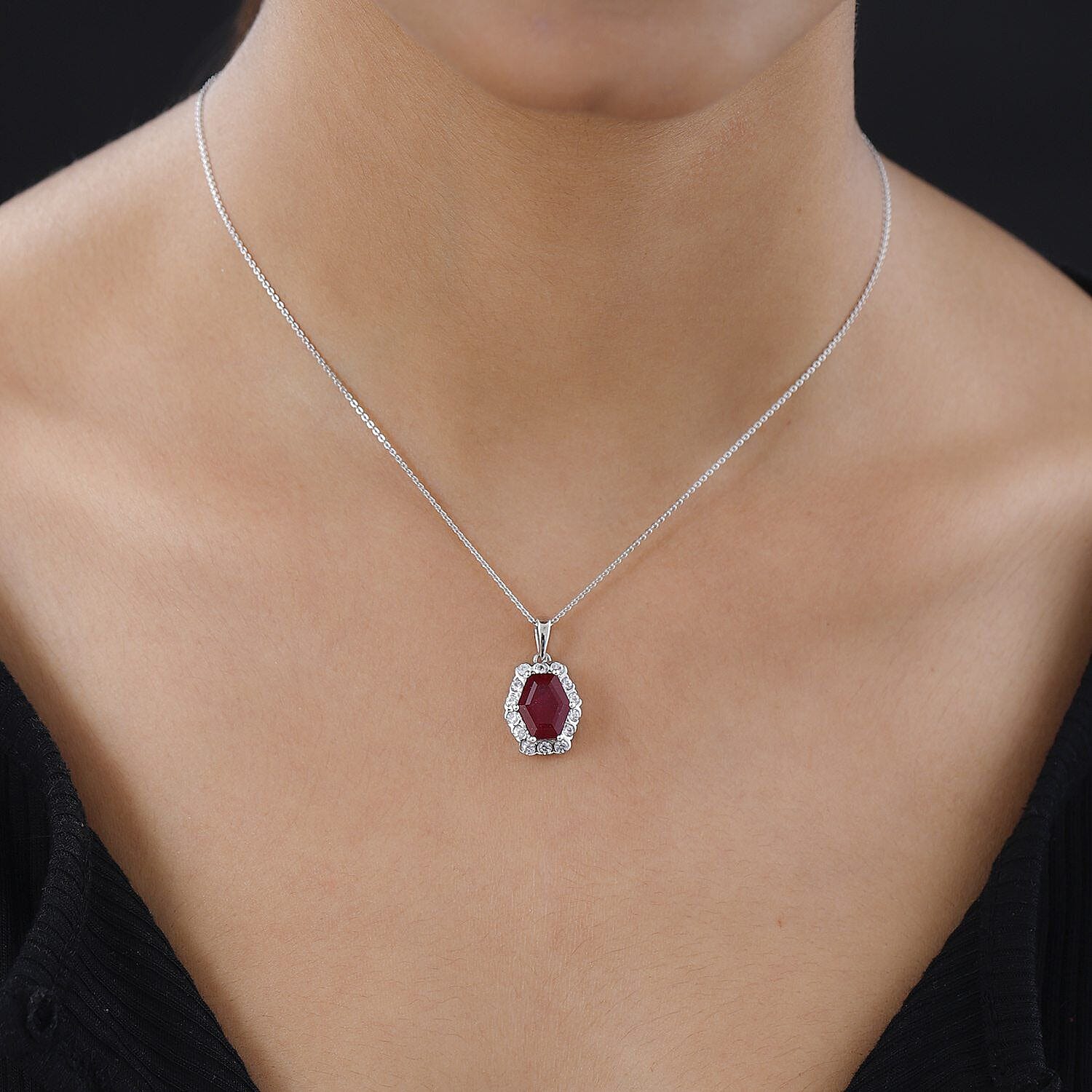 African Ruby and Natural Zircon Halo Pendant with Chain (Size - 20) in Platinum Overlay Sterling Silver 6.40 Ct.