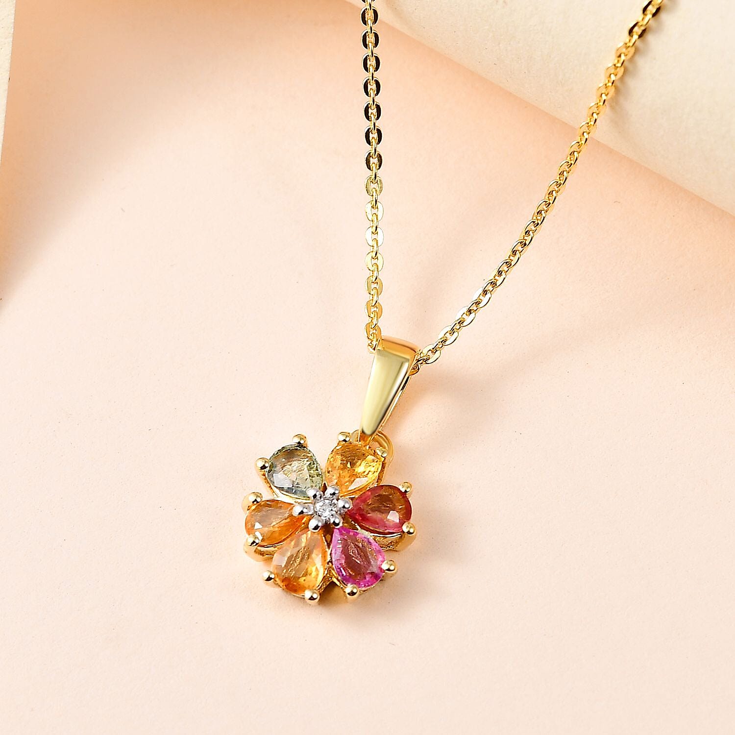 Rainbow Sapphire and Natural Zircon Pendant with Chain (Size 20) in 18K Vermeil Yellow Gold Plated Sterling Silver 1.03 Ct.