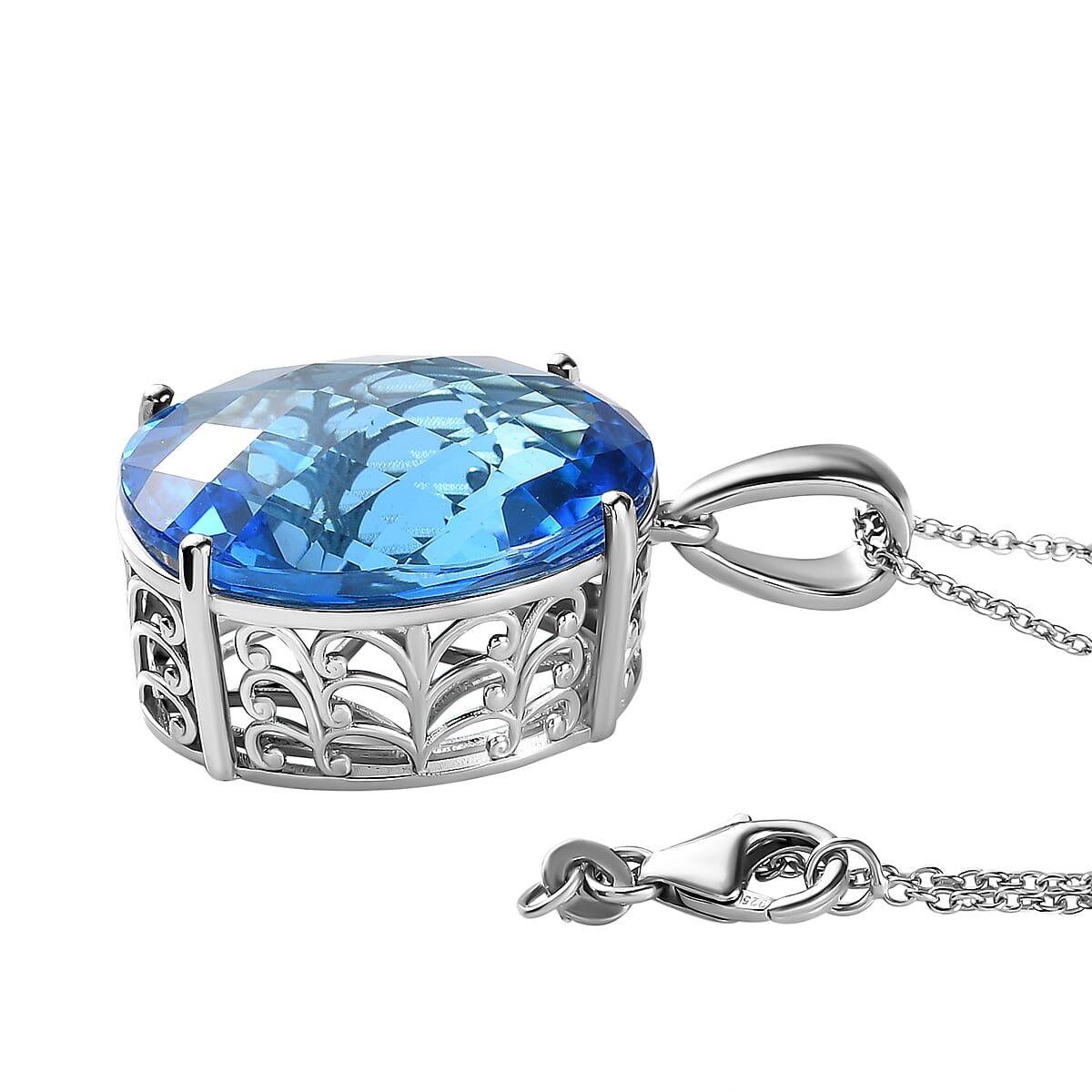 Electric Blue Topaz Pendant with Chain (Size - 20) with Lobster Clasp in Platinum Overlay Sterling Silver 54.34 Ct, Silver wt 9.31 Gms