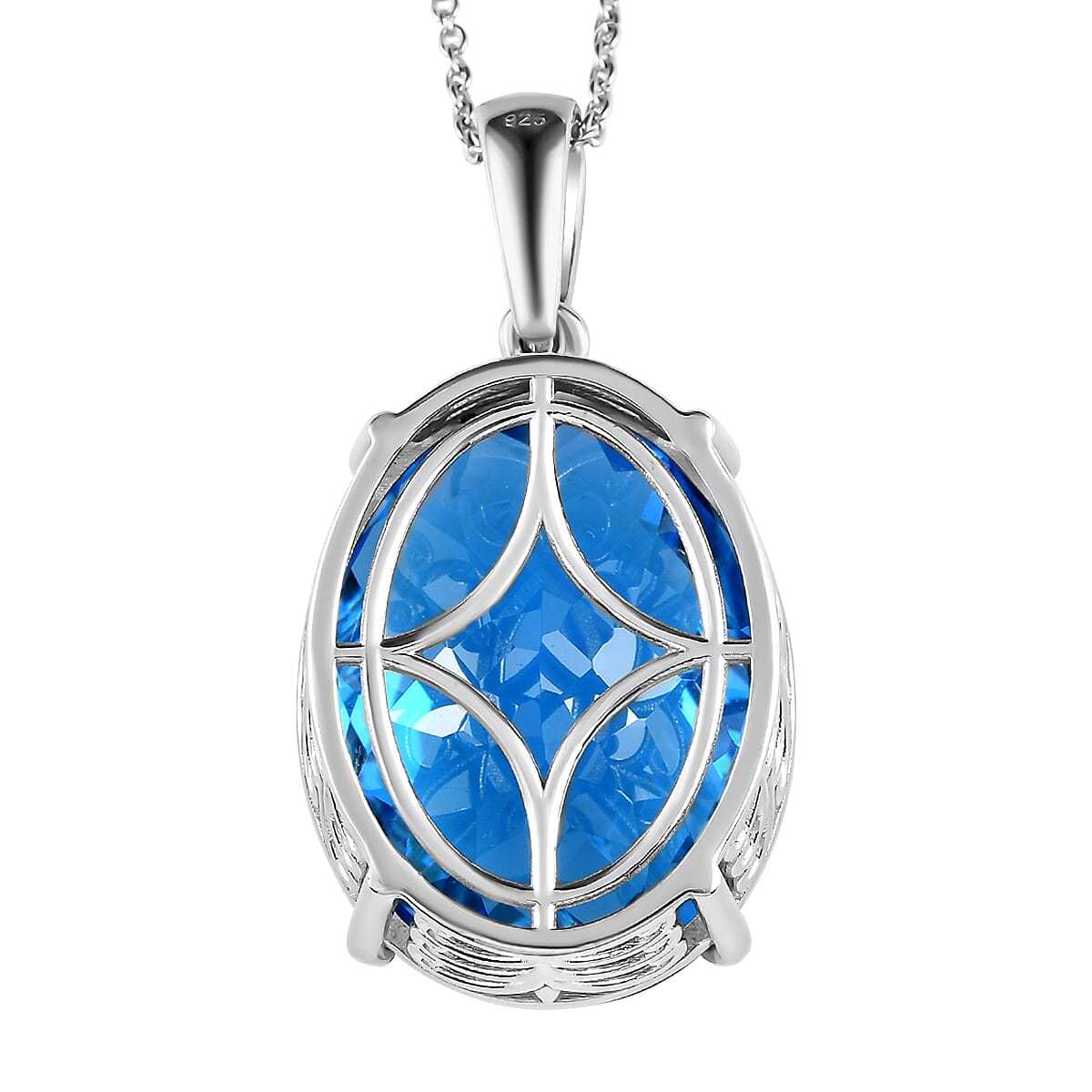 Electric Blue Topaz Pendant with Chain (Size - 20) with Lobster Clasp in Platinum Overlay Sterling Silver 54.34 Ct, Silver wt 9.31 Gms