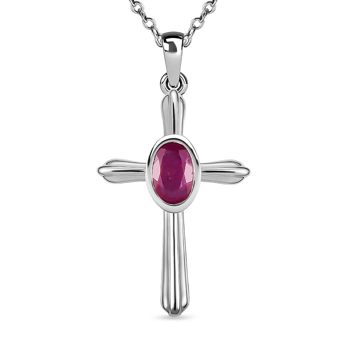 African Ruby (FF) Cross Pendant with Chain in Platinum Overlay Sterling Silver