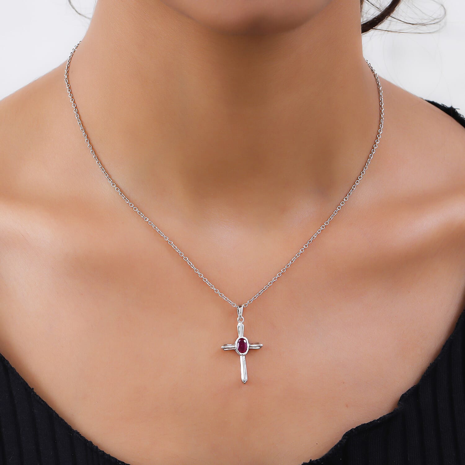 African Ruby (FF) Cross Pendant with Chain in Platinum Overlay Sterling Silver