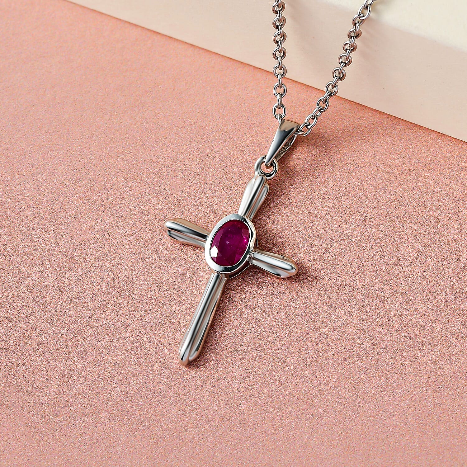 African Ruby (FF) Cross Pendant with Chain in Platinum Overlay Sterling Silver